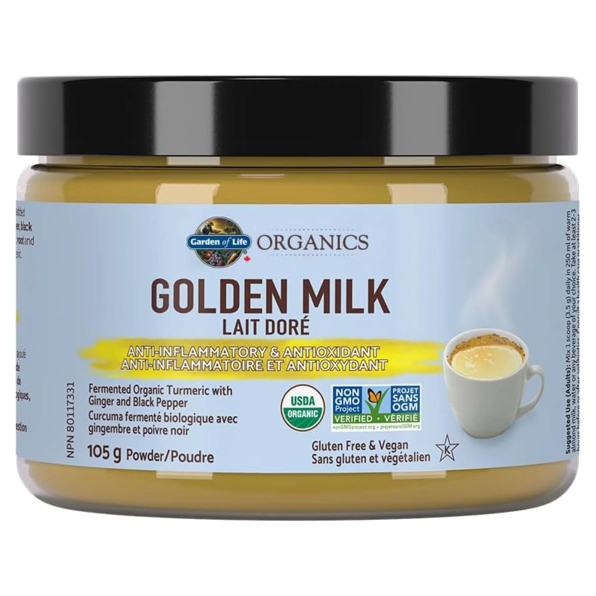 Garden Of Life Organics Golden Milk Turmeric Powder, Fermented Organic Turmeric with Ginger, 105g
