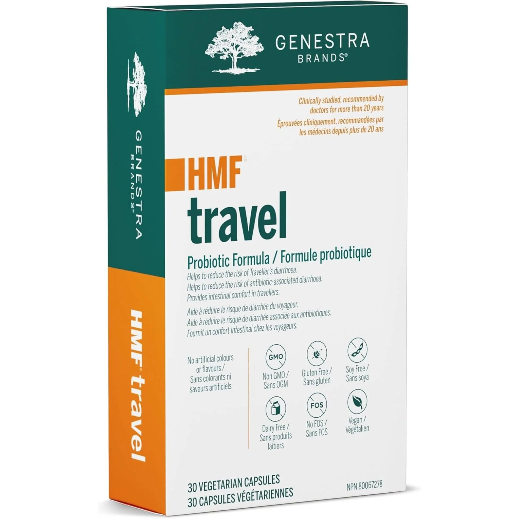 Genestra HMF Travel Probiotic 35 Billion CFU, Includes Saccharomyces Boulardi, Shelf-Stable, 30 Vegetable Capsules