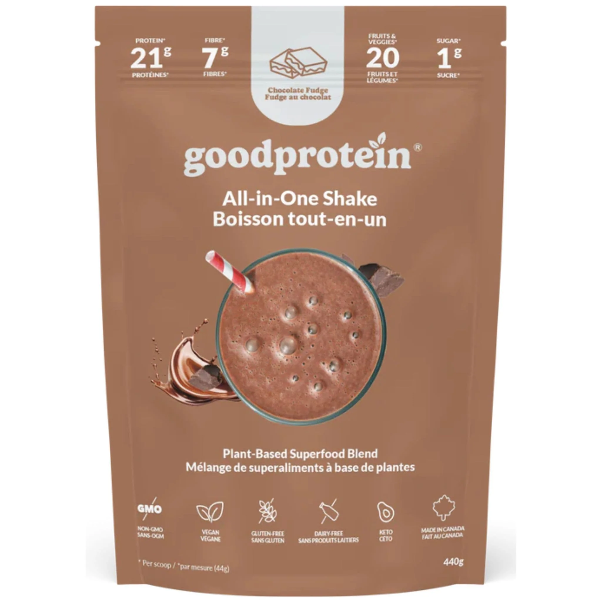 Good Protein All-in-One Shake Protein Powder, Protein 21g, Fibre 7g, Plant-Based, Vegan, Gluten-Free, Keto-Friendly Shake with Superfoods, Probiotics and Essential Nutrients,  440g-880g