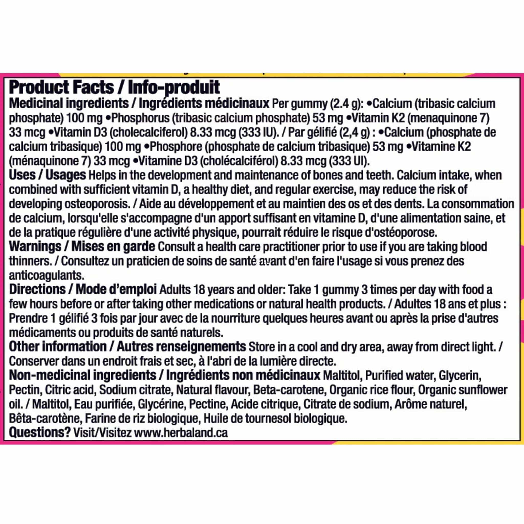 Herbaland Calcium Plus D3 and K2 Gummies, Vegan, Sugar-Free, 60 Gummies - Image 5
