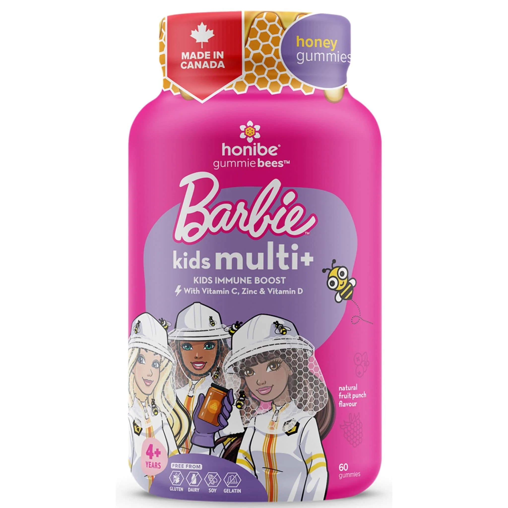 Honibe Barbie Kids Mullti, Immune Boost with Vitamin C, Zinc & Vitamin D, 60 Gummies