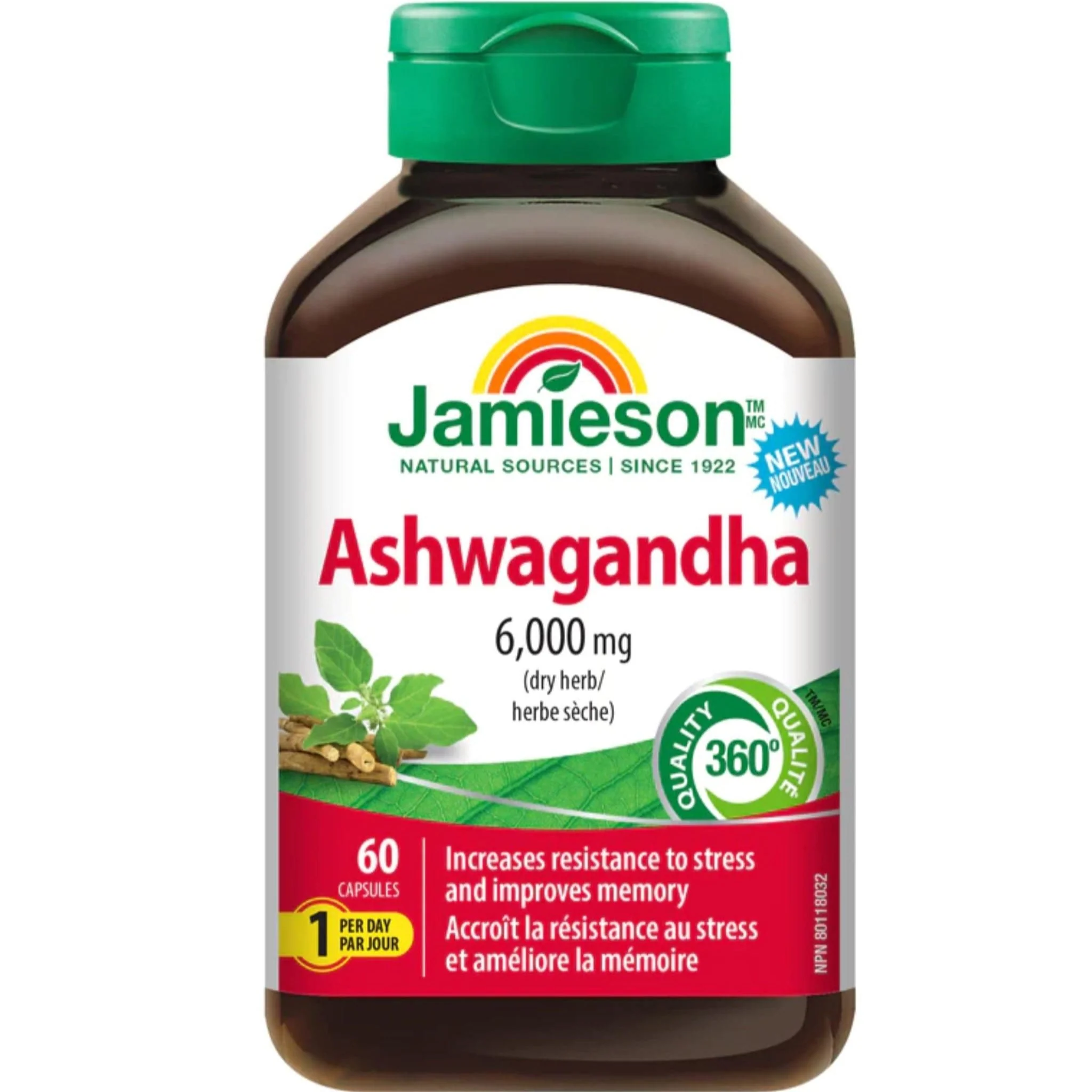 Jamieson Ashwagandha 6,000mg, Dry Herb, 60 Capsules