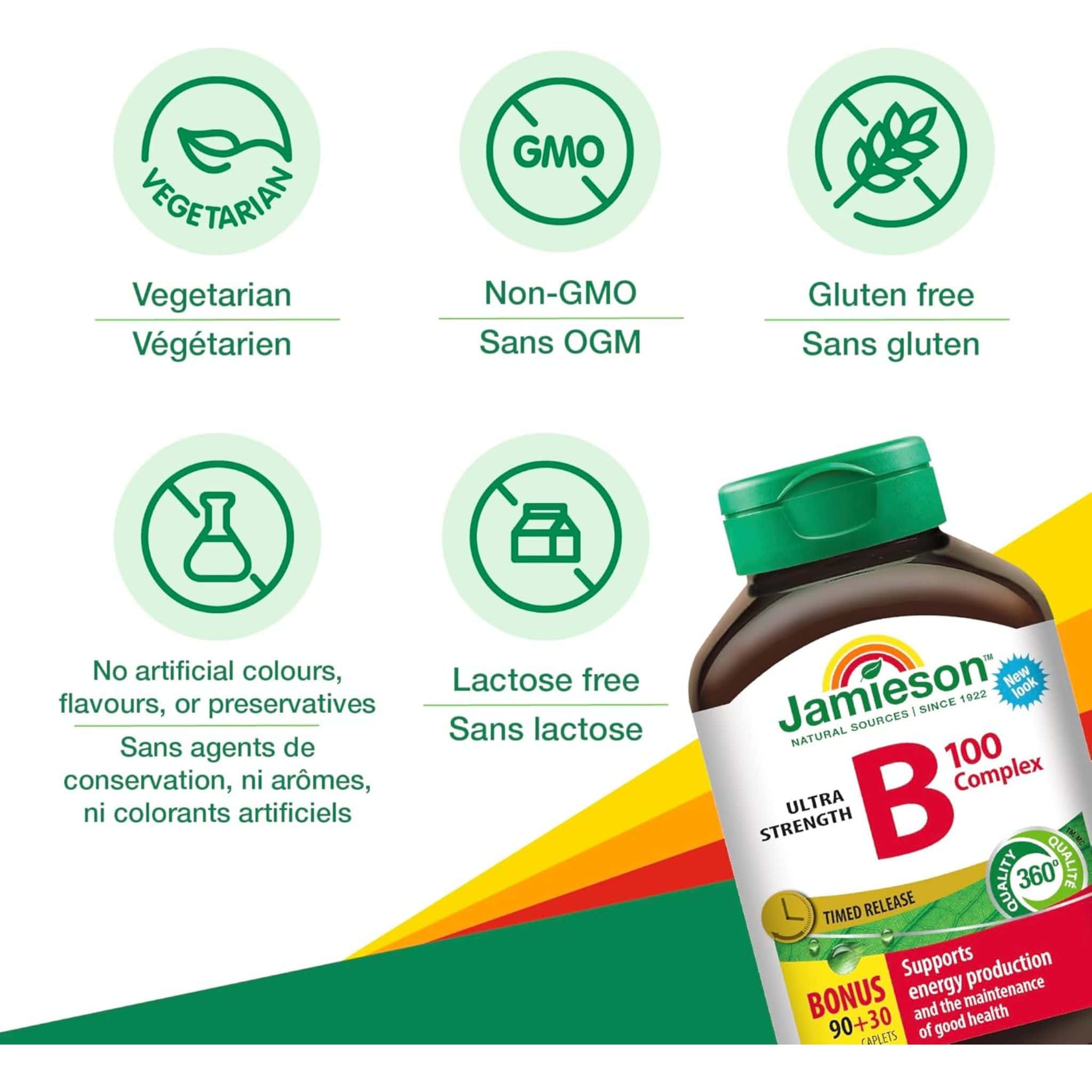 Jamieson B-100 Complex, Timed Release, 100mg, 90+30 Free Caplets - Image 4