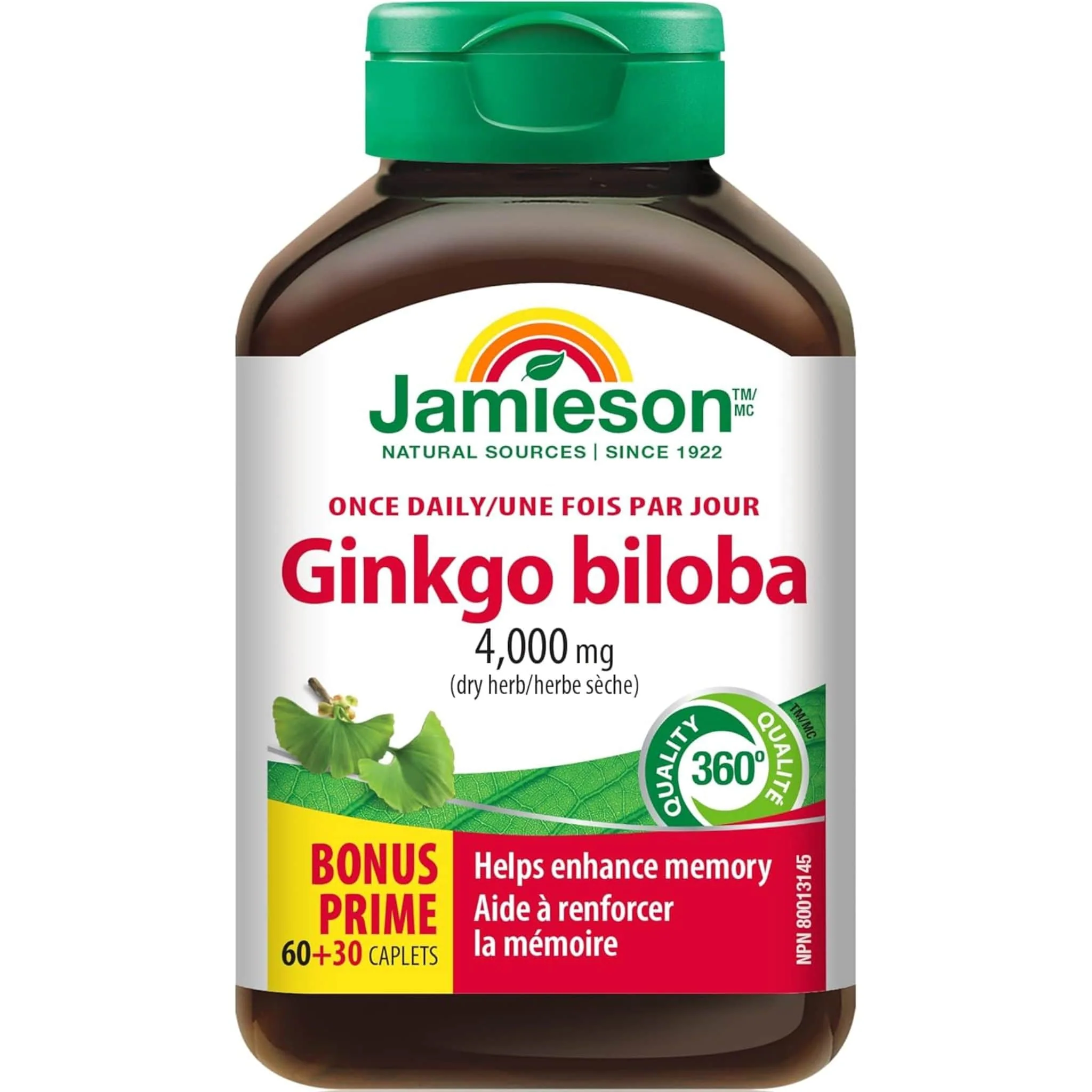 Jamieson Ginkgo Biloba 4,000mg, Raw Herb, 90 Caplets