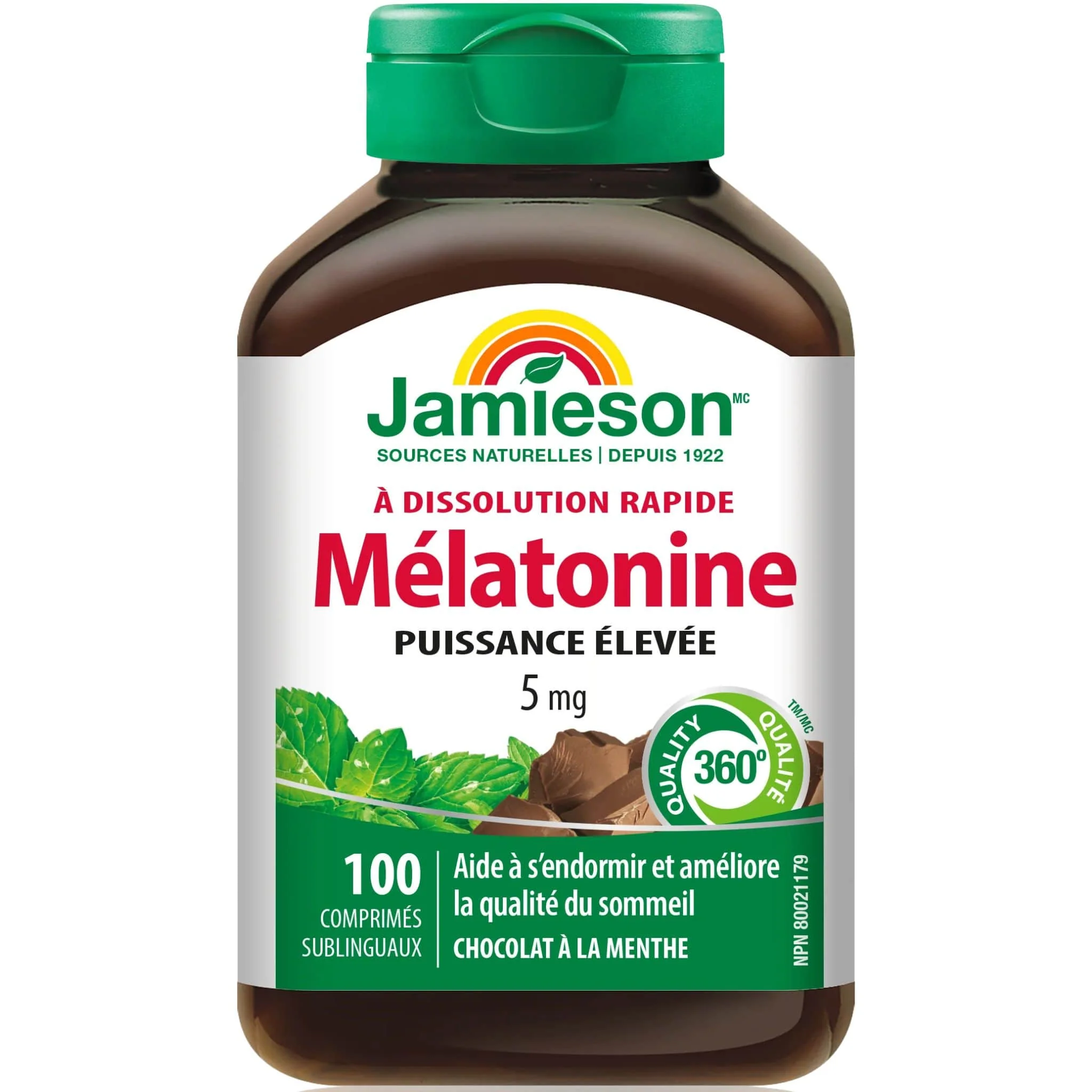 Jamieson Melatonin 5mg, Fast Dissolving Chocolate Mint, 100 Sublingual Tablets - Image 2
