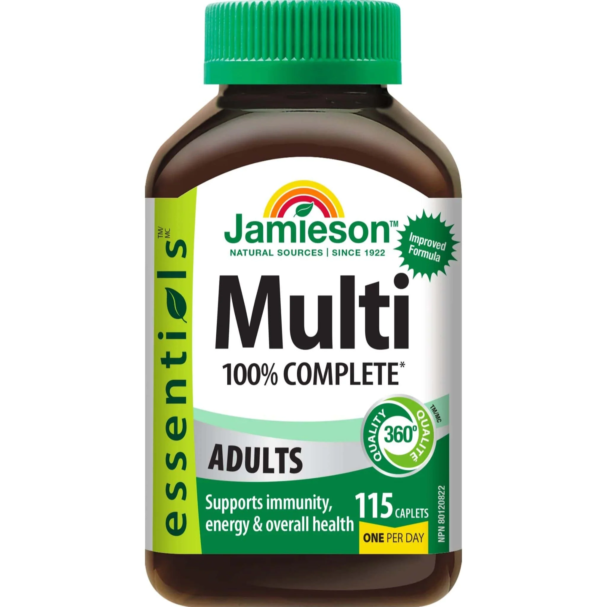 Jamieson Multi 100% Complete Multivitamin for Adults, One-Per-Day, Supports Energy, Immunity and Overall Health,  115 Caplets