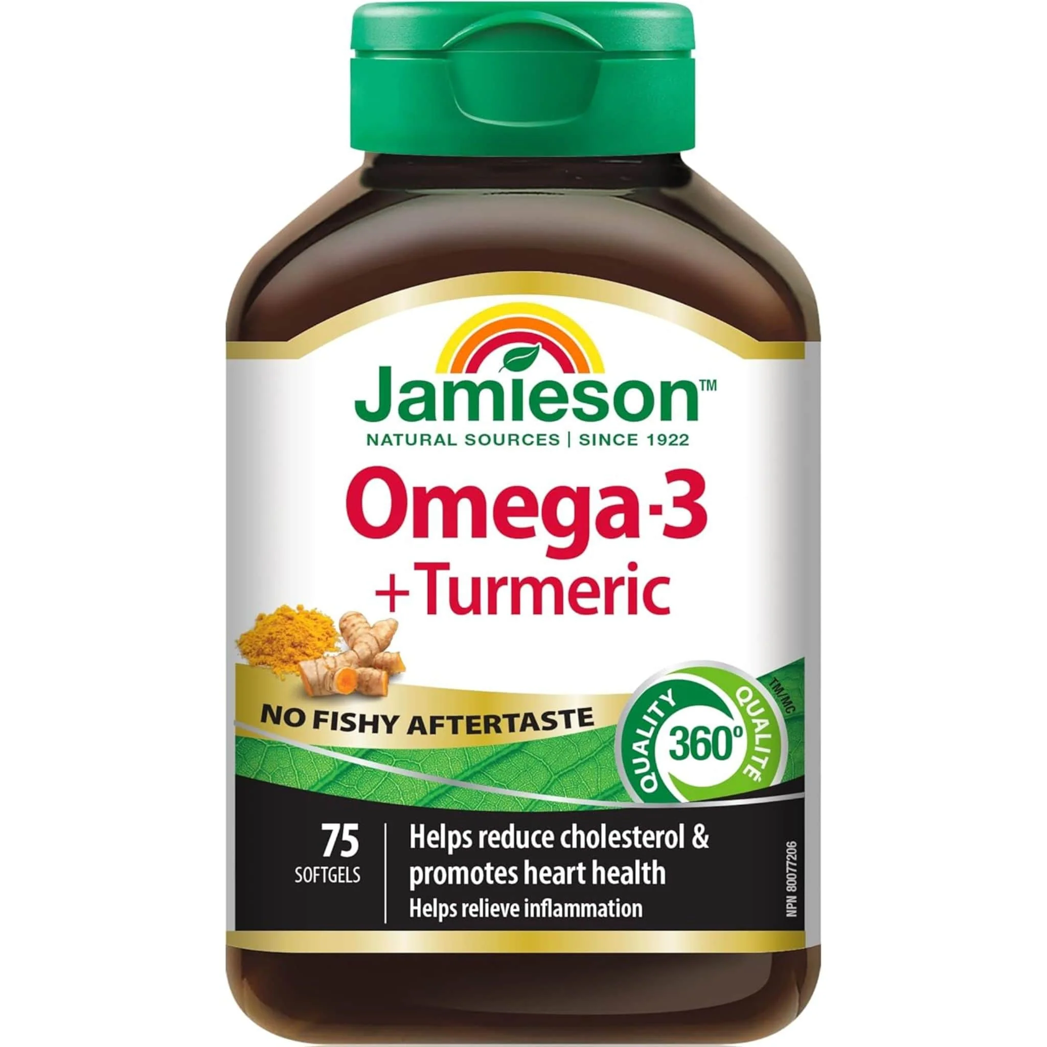 Jamieson No Fishy Aftertaste Omega-3 + Tumeric, 75 Softgels