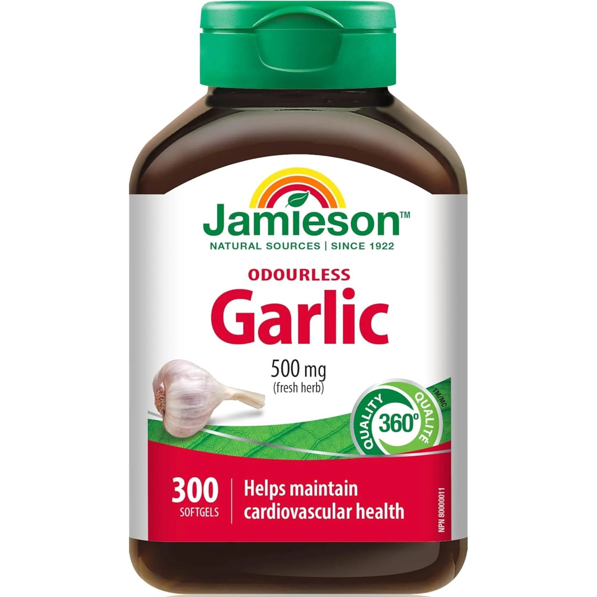 Jamieson Odourless Garlic  500mg Raw Herb, 300 Softgels