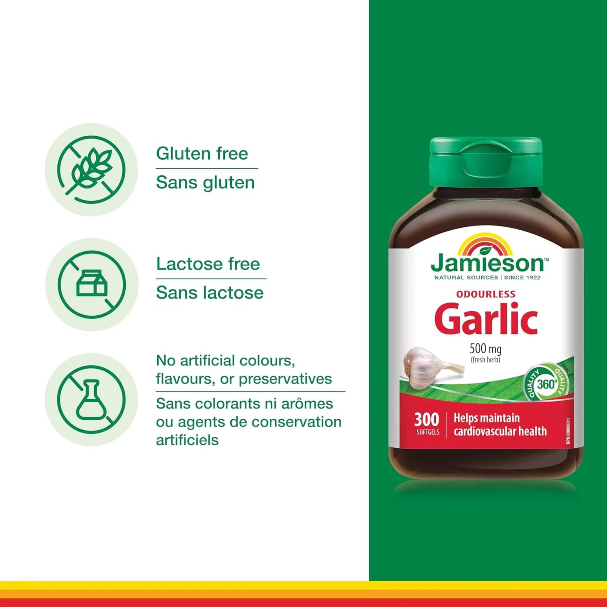 Jamieson Odourless Garlic  500mg Raw Herb, 300 Softgels - Image 4