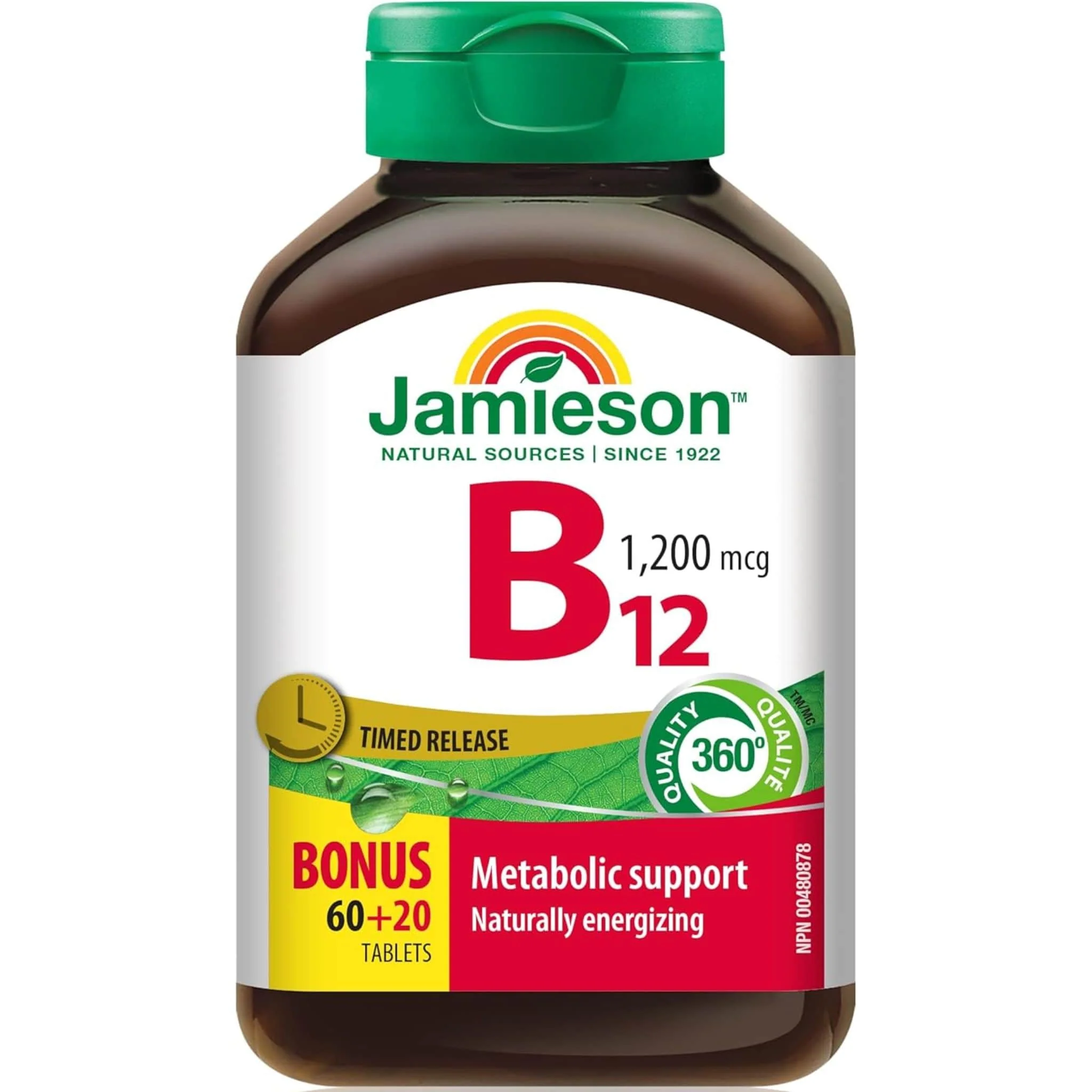 Jamieson Vitamin B12 (Cobalamin), Timed Release, 1200mcg, 60+20 Free Tablets