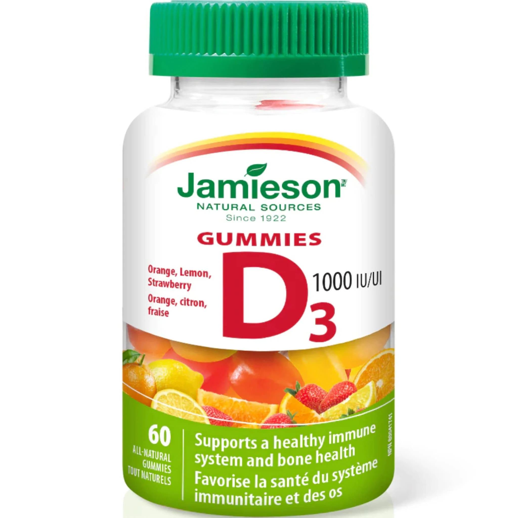 Jamieson Vitamin D3 1000IU Gummies, Orange, Strawberry, Lemon, 60 Gummies