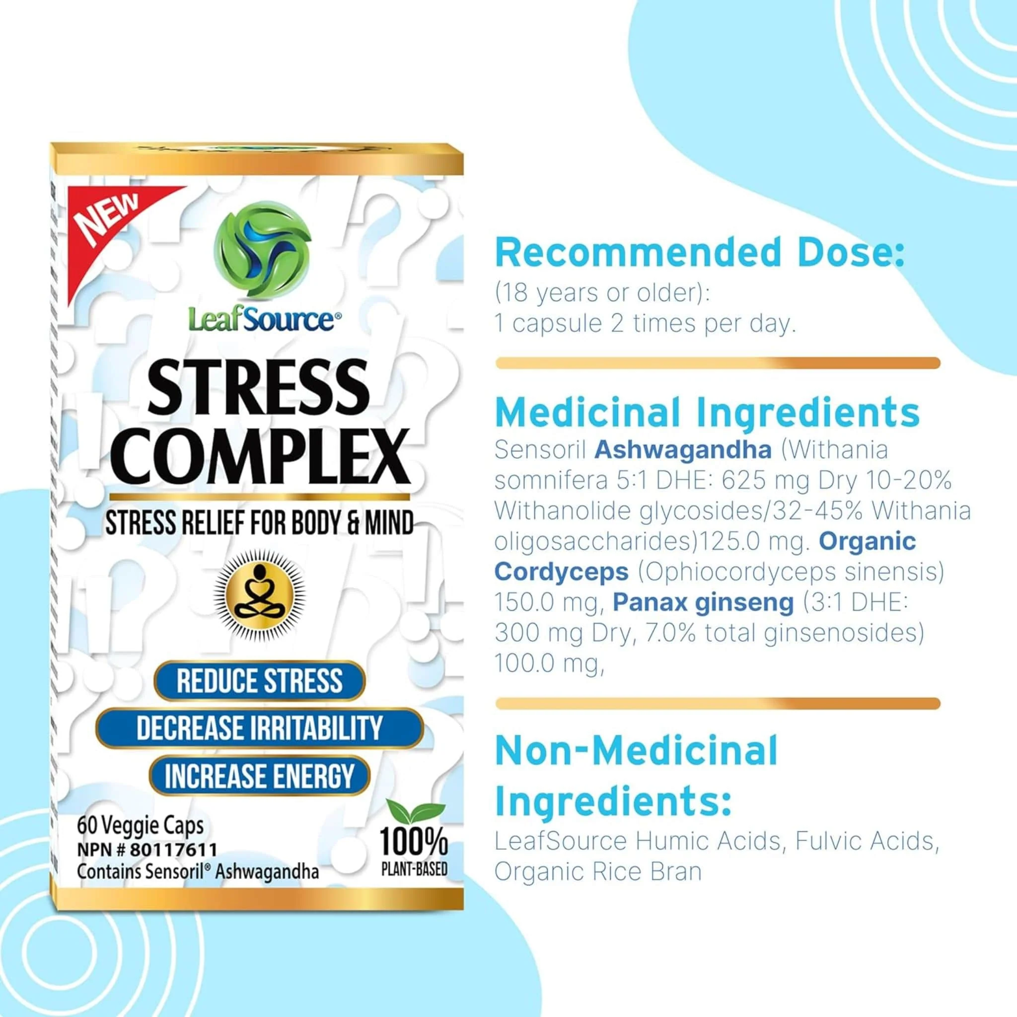 Leaf Source Stress Complex with Ashwagandha, Relieves Stress Symptoms, 60 Vegetable Capsules - Image 2