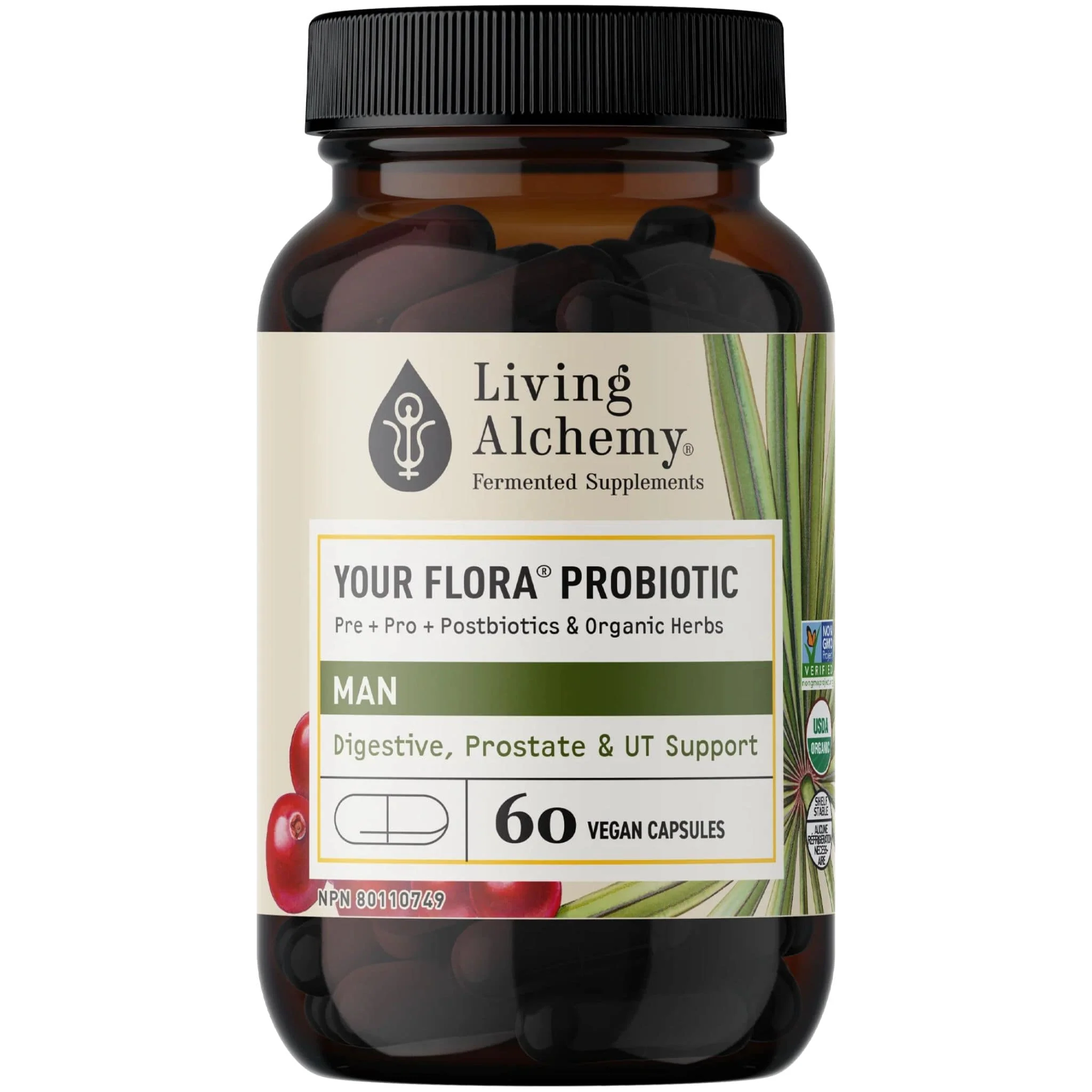 Living Alchemy Your Flora Man, Digestive, Prostate, UT Balance, Plant Based Probiotics, Prebiotics and Enzymes, 60 Vegetable Capsules - Image 2