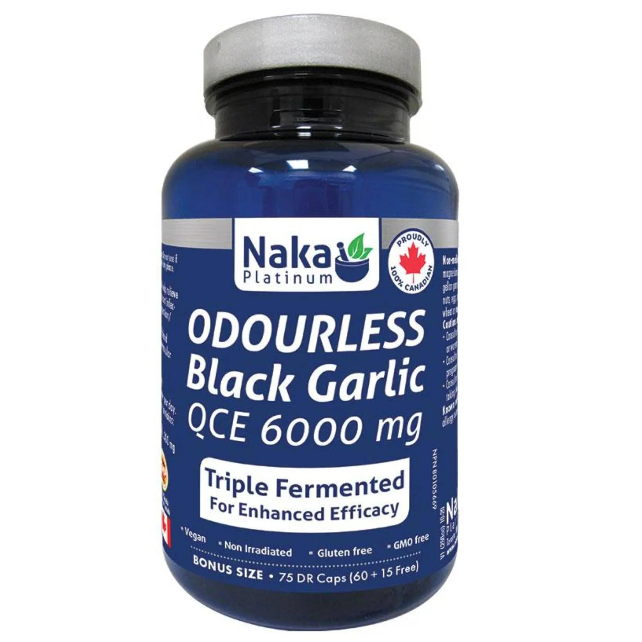 Naka Platinum Odourless Black Garlic, Triple Fermented QCE 6000mg, 75 Delayed Release Capsules