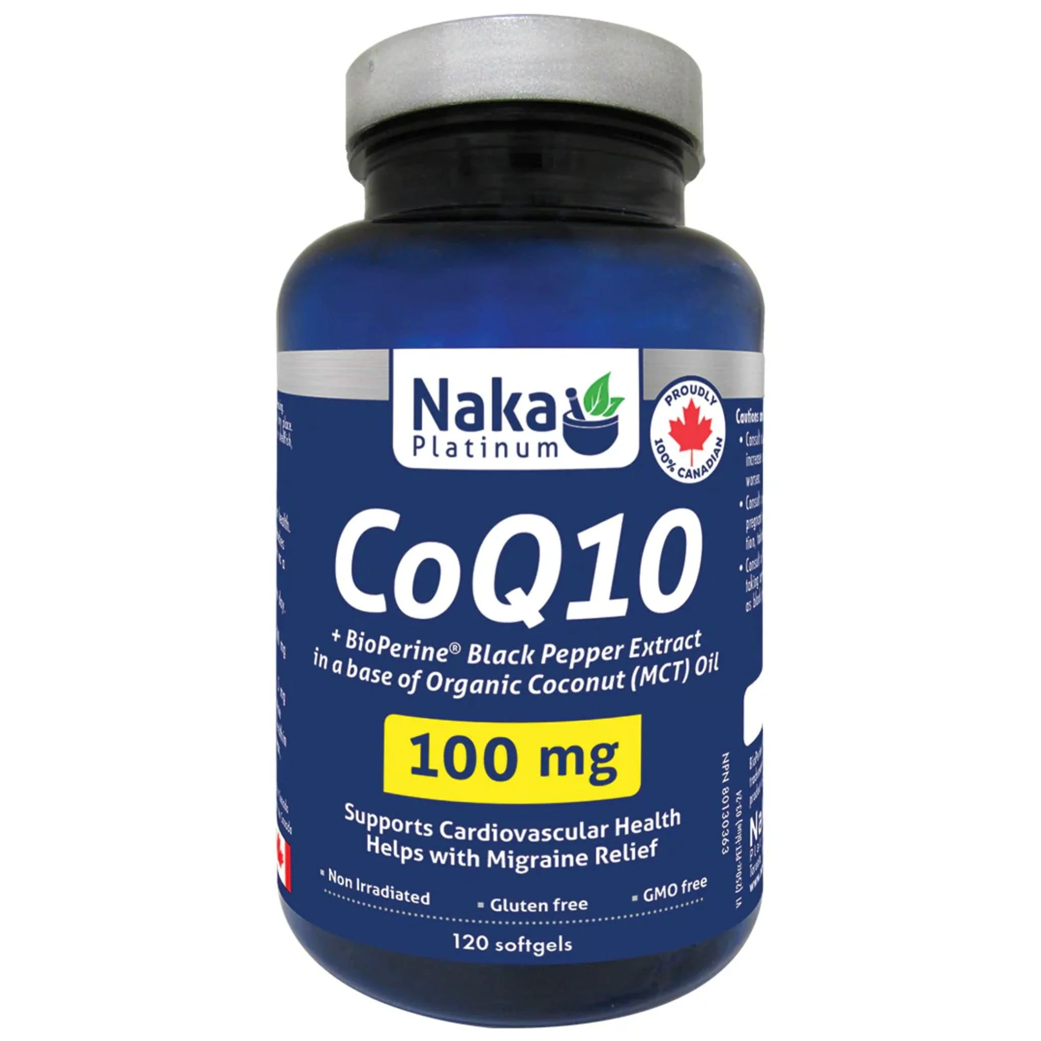 Naka Platinum CoQ10 100mg + BioPerine 5mg, Supports Cardiovascular Health, Migraine Relief, 120 Softgels
