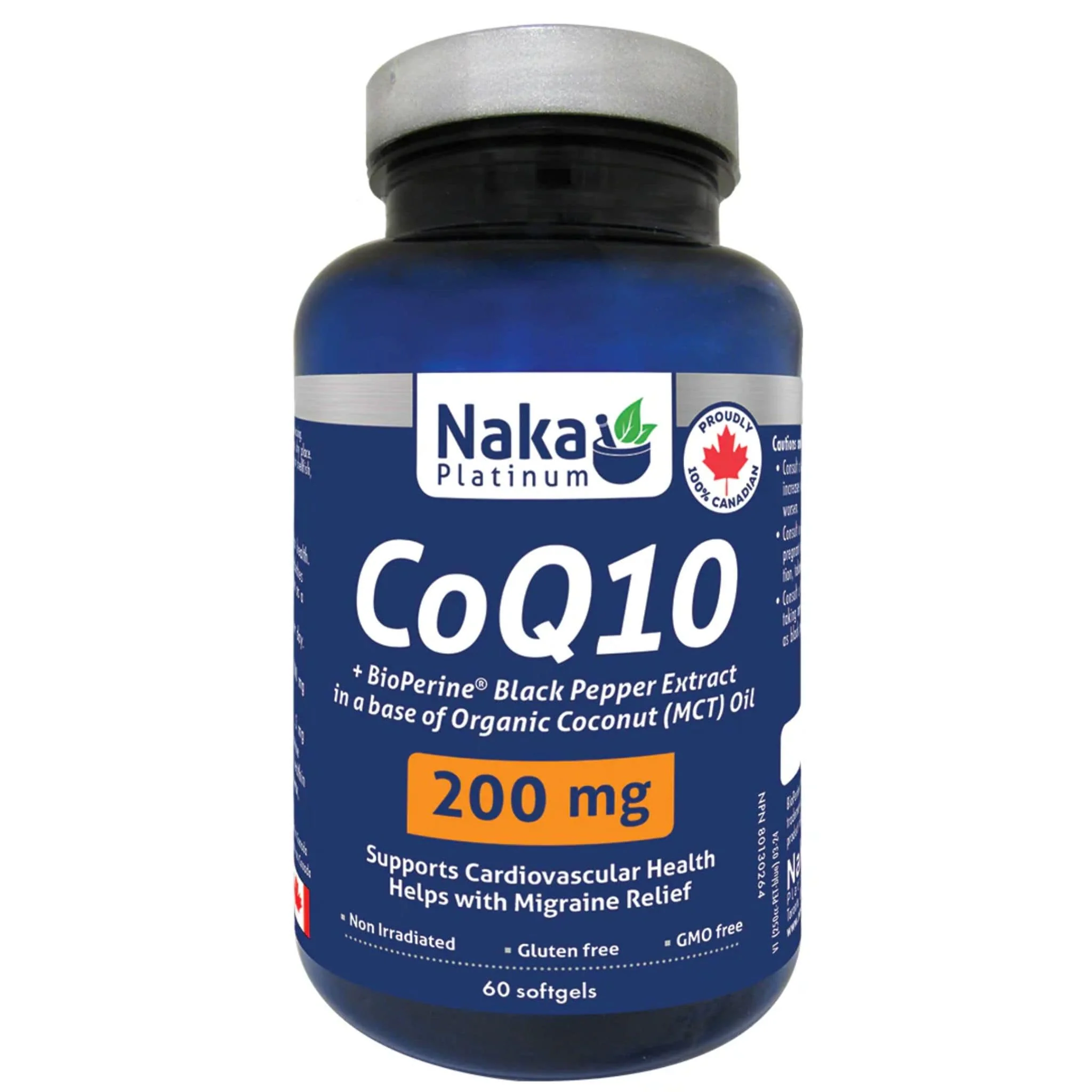 Naka Platinum CoQ10 200mg, Naturally Fermented, Added BioPerine Black Pepper Extract, Supports Health Health and Migraine Relief, 60 Softgels