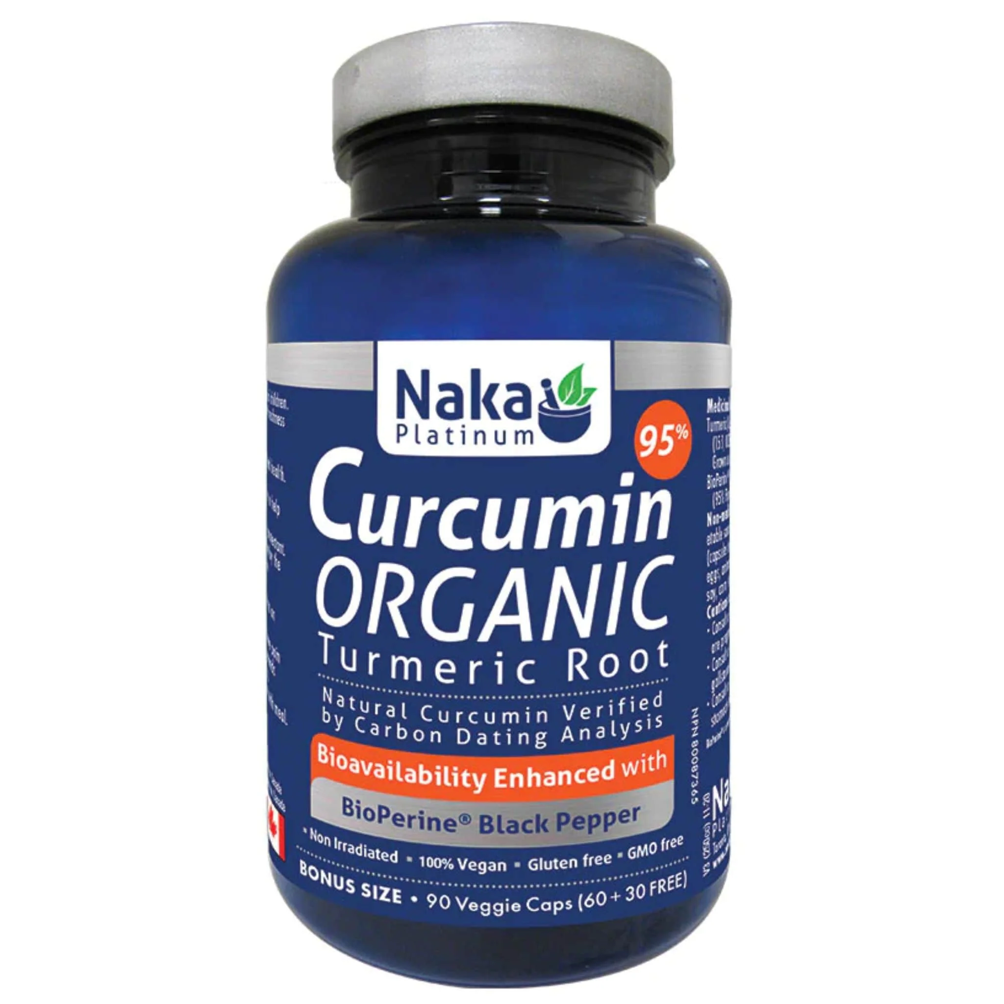 Naka Platinum Curcumin Organic Turmeric Root, 95% Curcuminoids with Bioperine Black Pepper, 90 Vegetable Capsules