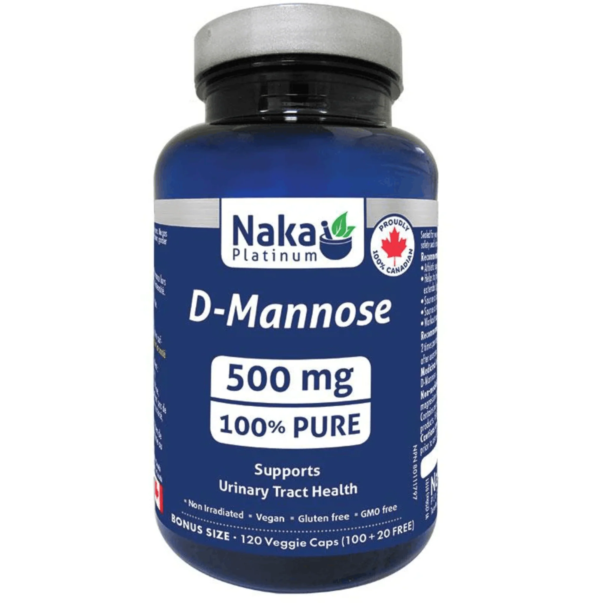 NAKA Platinum D-Mannose 500mg, 100% Pure, Supports Urinary Tract Health, 120 Vegetable Capsules