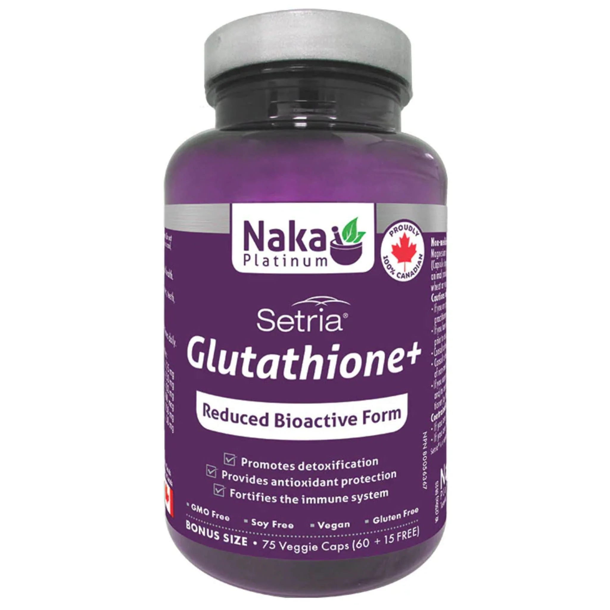 Naka Platinum Glutathione+ 125mg, Setria Glutathione for Detox, Immune Support, and Antioxidant Protection, 75 Vegetable Capsules