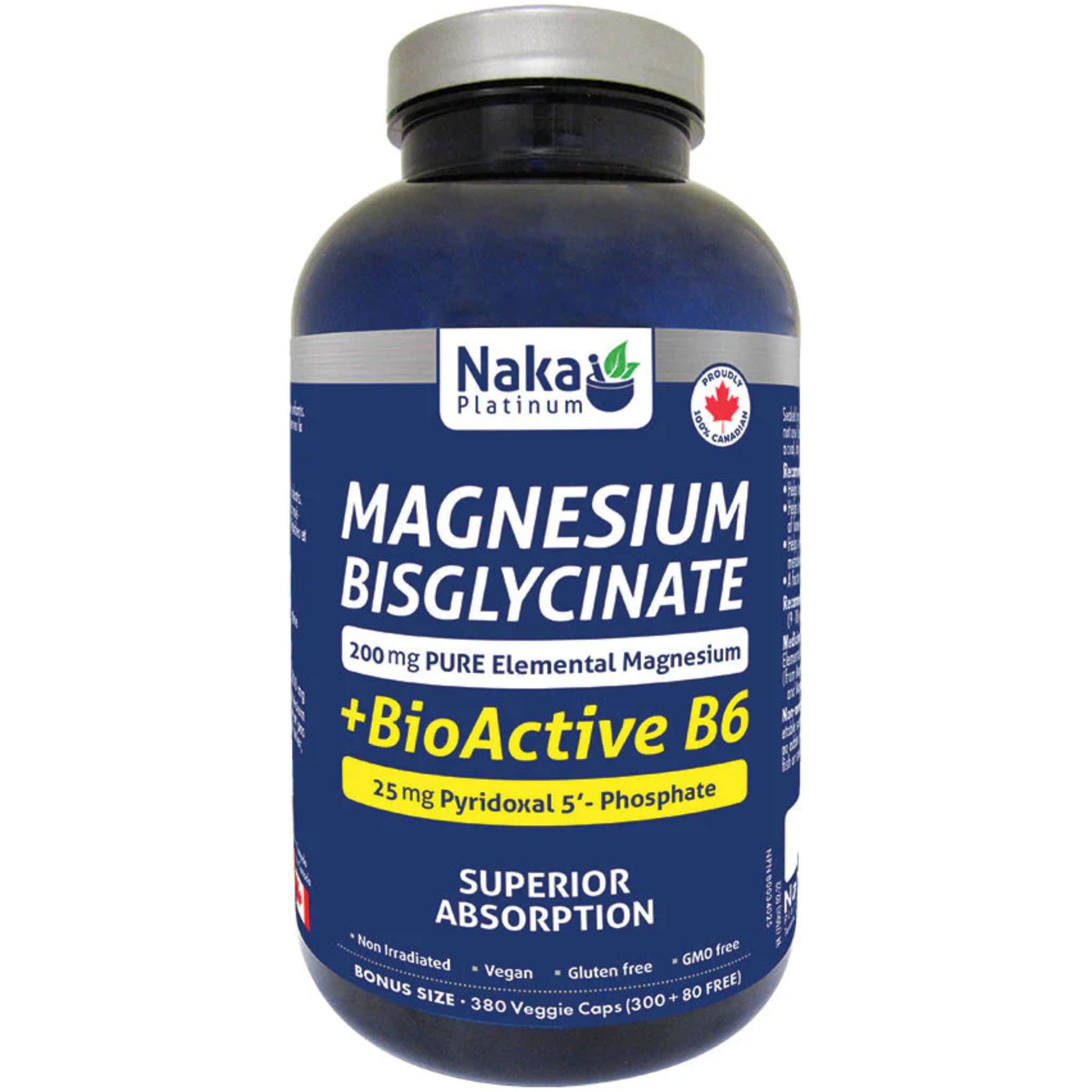 Naka Platinum Magnesium Bisglycinate 200mg Plus BioActive B6, 380 Capsules