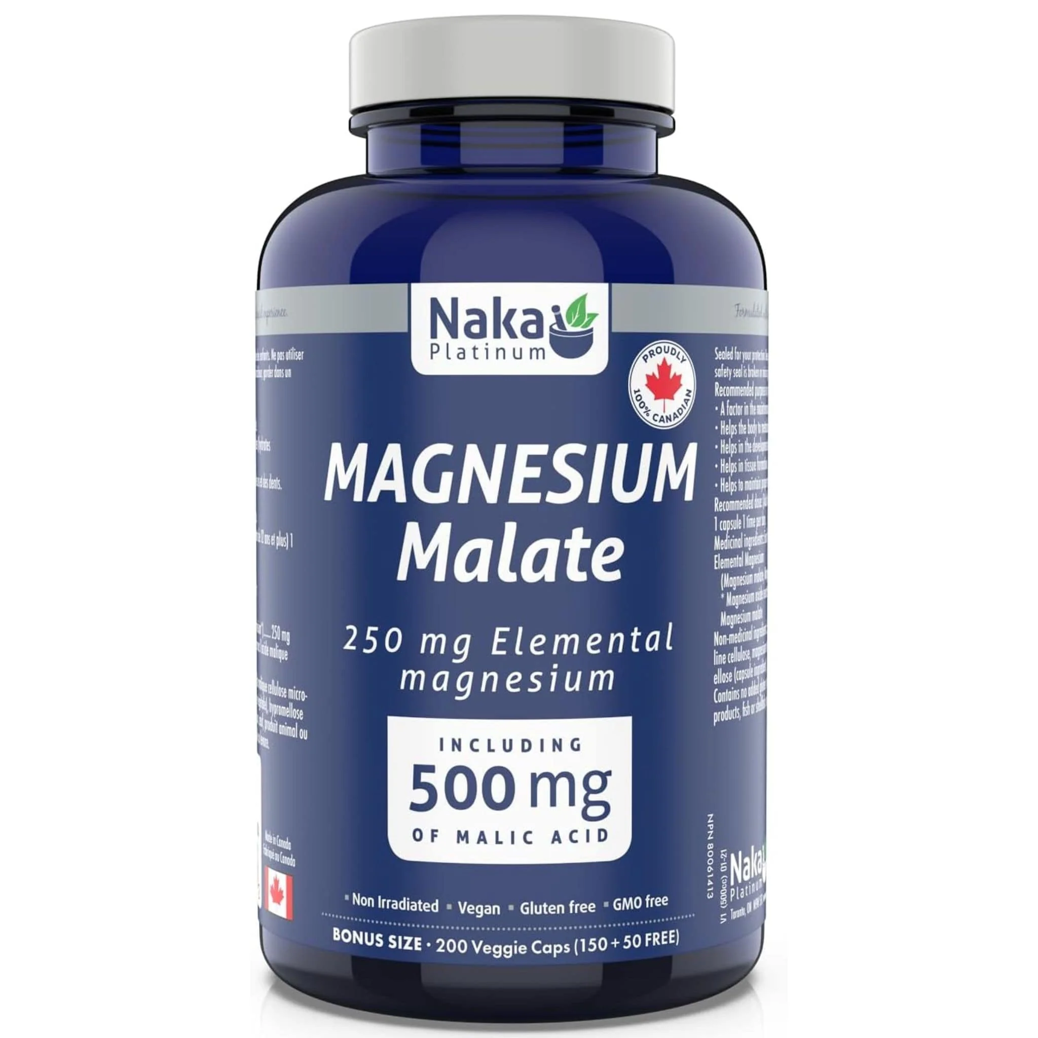 Naka Platinum Magnesium Malate 250mg, 200 Vegetable Capsules