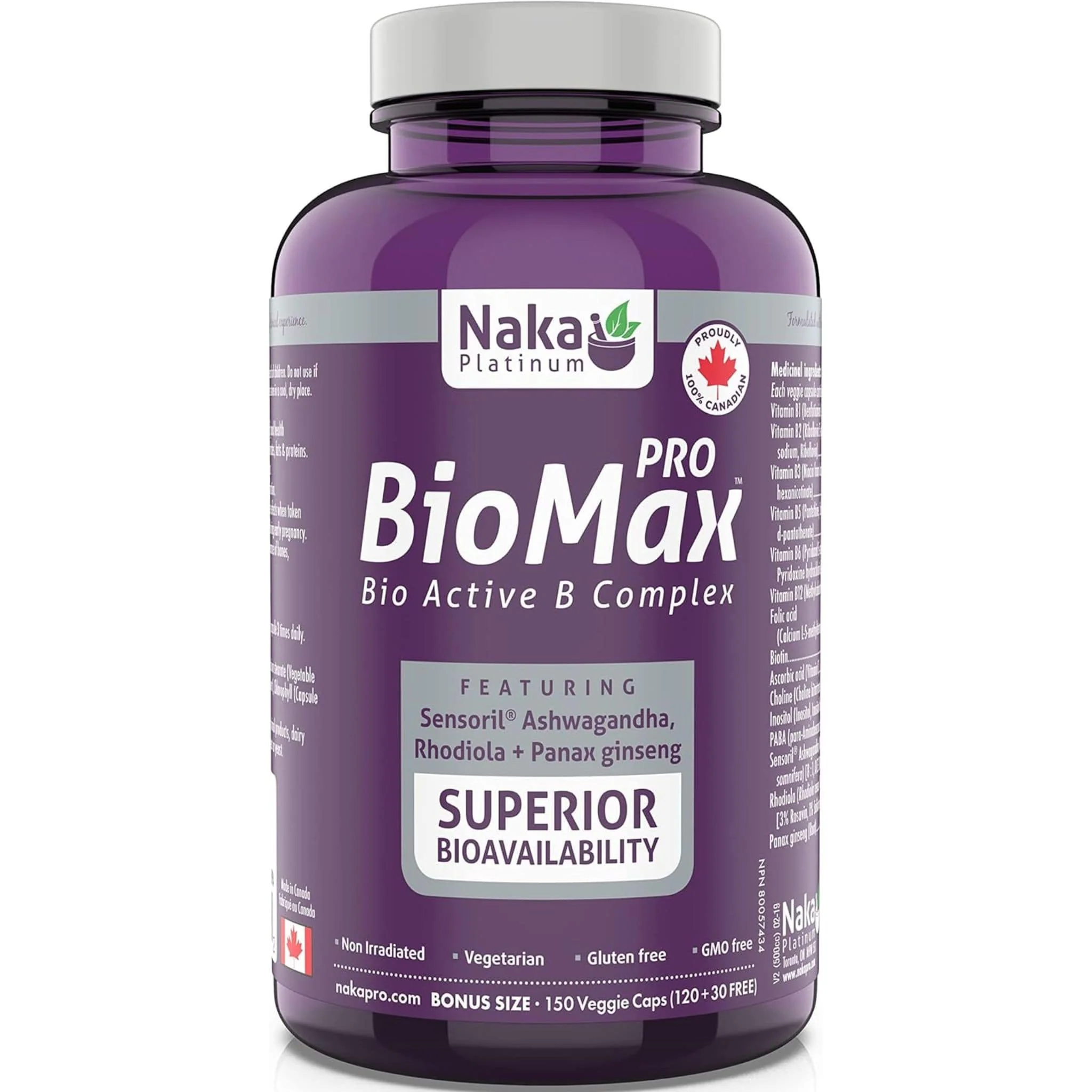 Naka Platinum Pro BioMax, Bio Active B Complex with Ashwagandha, Energy, Stress and Antioxidant Support, 60-150 Vegetable Capsules