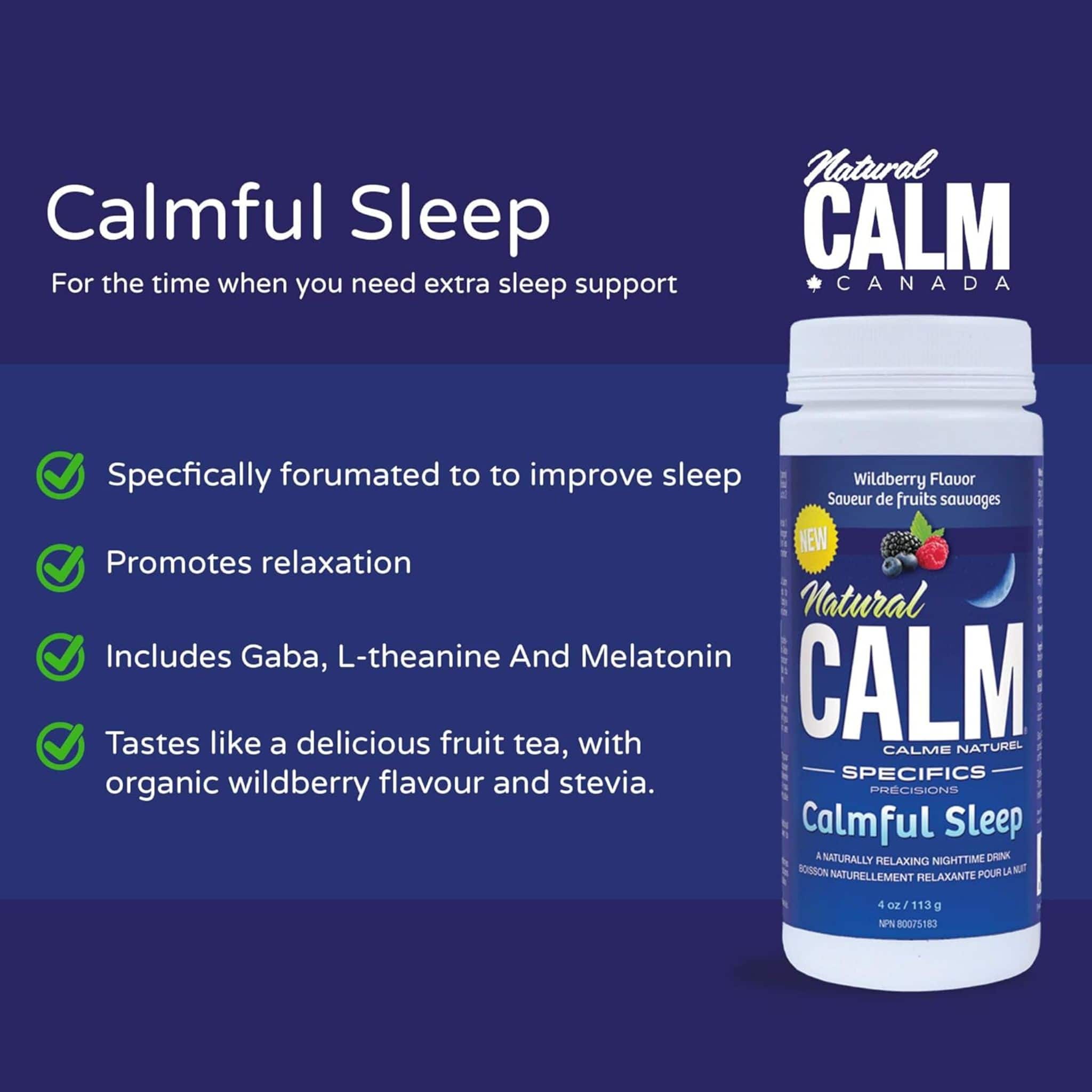 Natural Calm Sleep Magnesium with GABA, Melatonin and Theanine, Organic Wildberry Flavour, 113g - Image 3