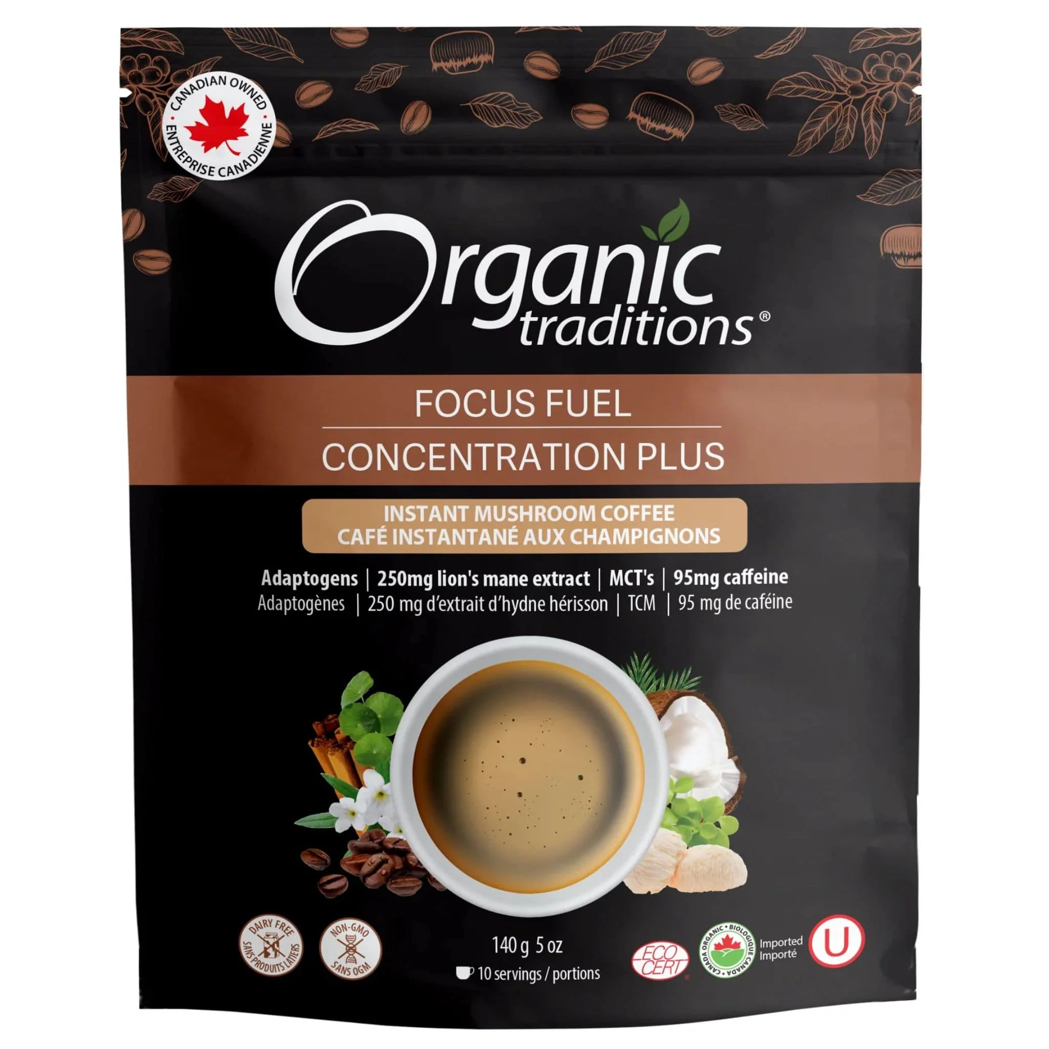 Organic Traditions Focus Fuel, Instant Mushroom Coffee with Lion’s Mane, Adaptogens, MCT and Caffeine, 140g