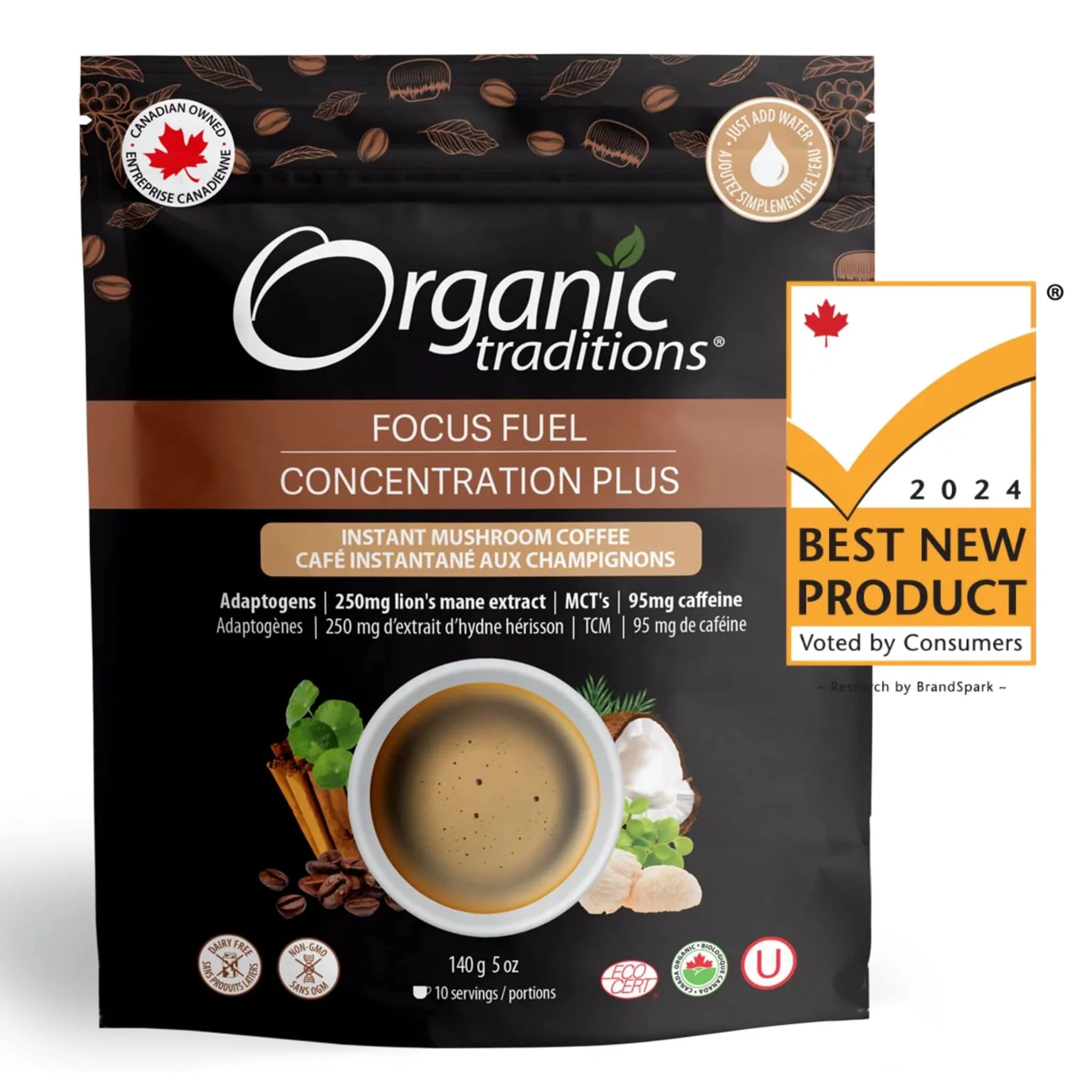 Organic Traditions Focus Fuel, Instant Mushroom Coffee with Lion’s Mane, Adaptogens, MCT and Caffeine, 140g - Image 2