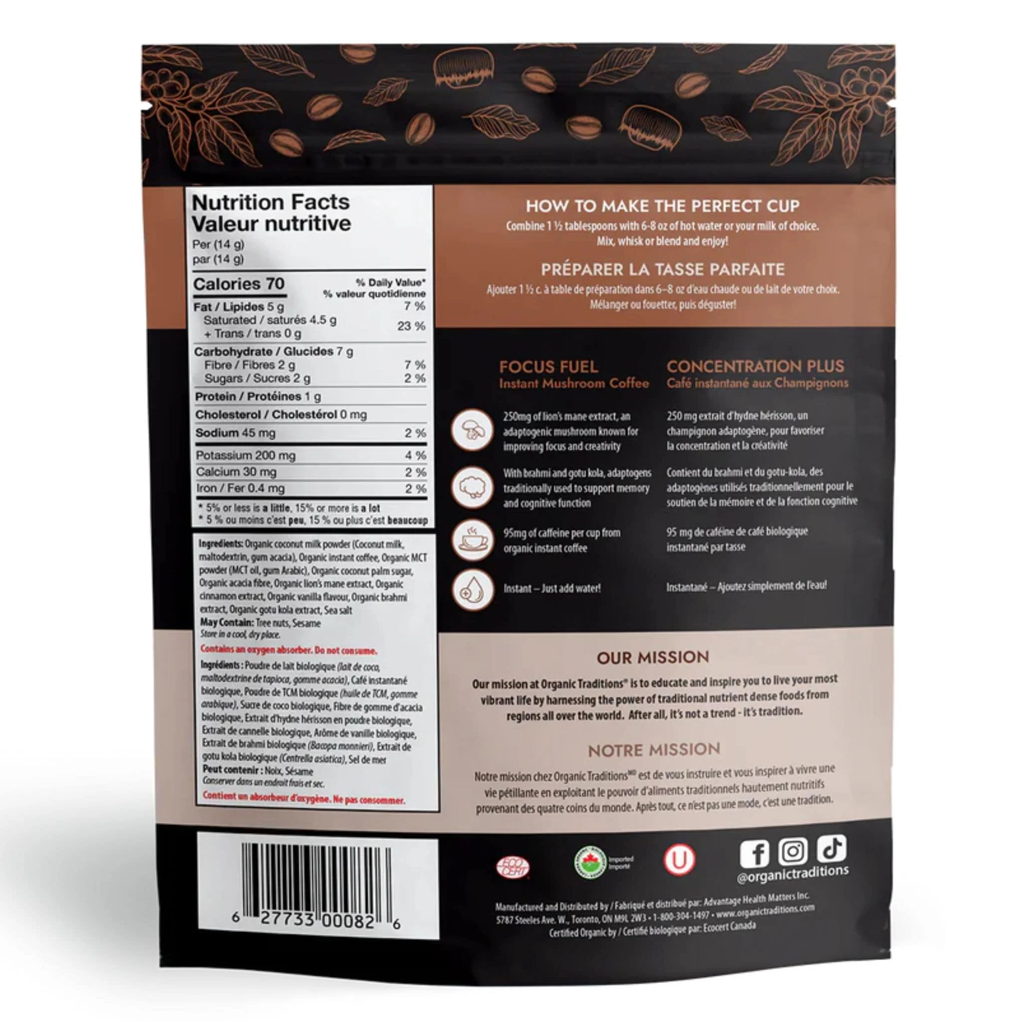 Organic Traditions Focus Fuel, Instant Mushroom Coffee with Lion’s Mane, Adaptogens, MCT and Caffeine, 140g - Image 3