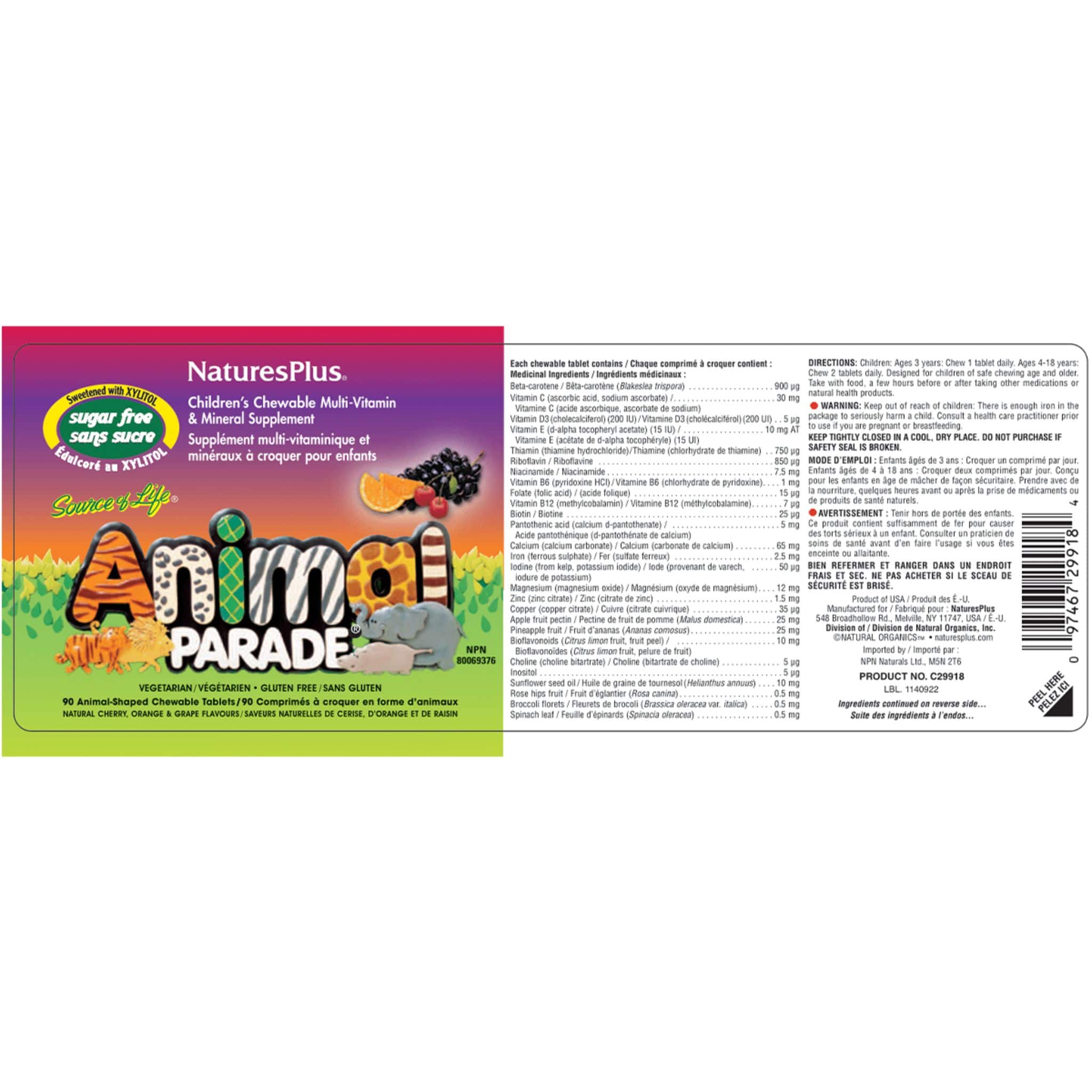 Nature's Plus Animal Parade Sugar-Free Multivitamin Chewables with Vitamin D3 & Whole Food Ingredients, 90 Chewable Tablets - Image 2