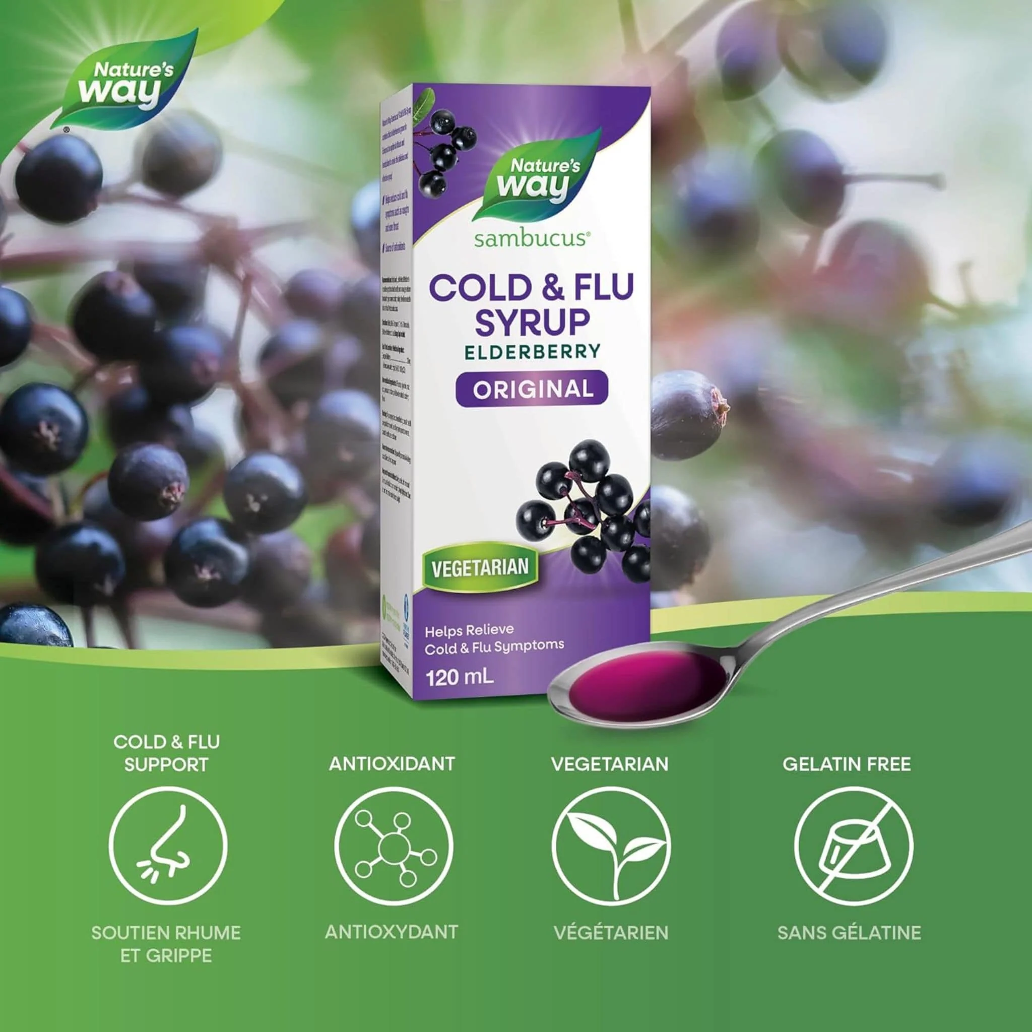 Nature's Way Sambucus Black Elderberry FluCare Syrup Original (Virologist Tested), 120ml - Image 3