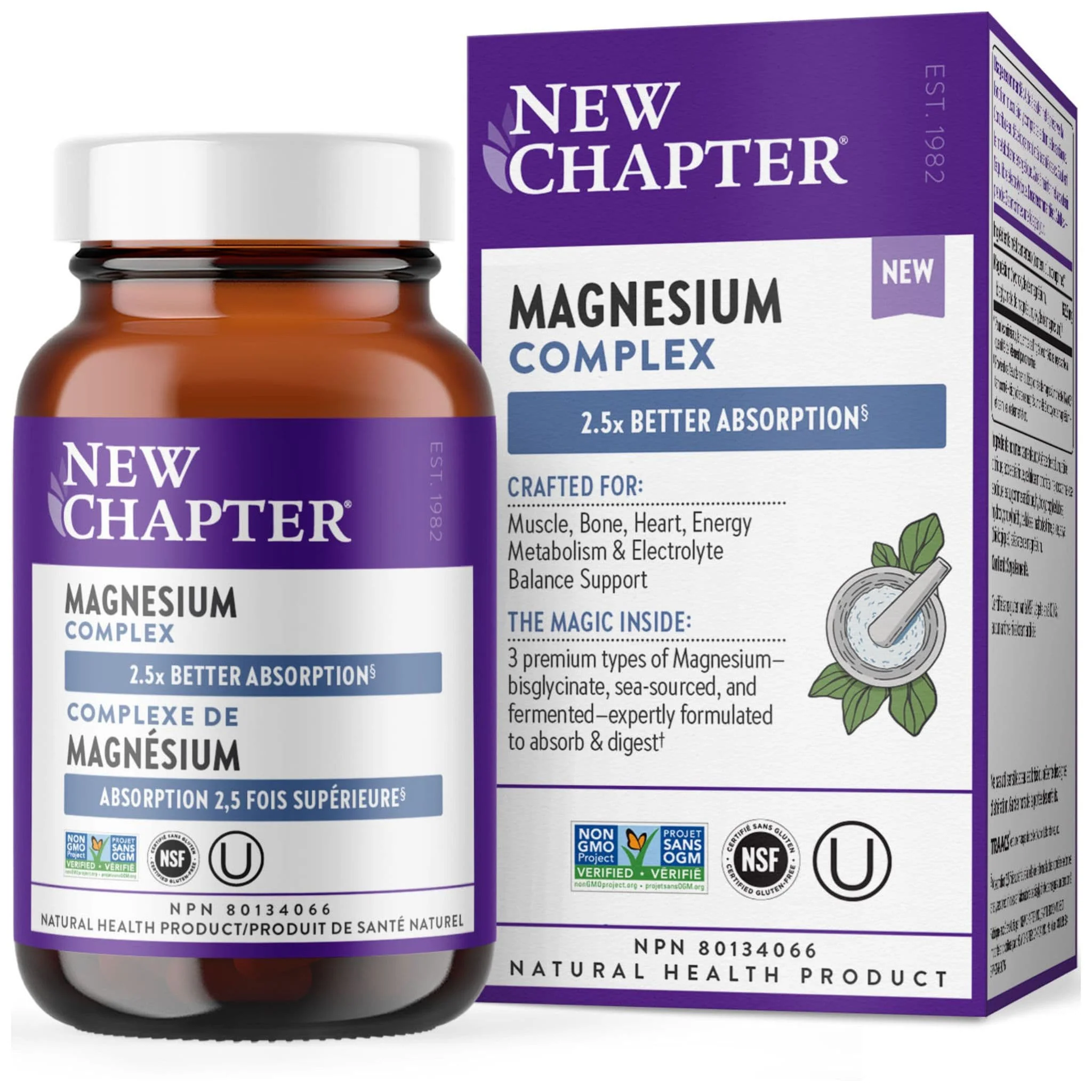 New Chapter Magnesium Complex 162mg, High Absorption, Triple Blend for Muscle, Bone, Heart and Energy Support, 60 Tablets