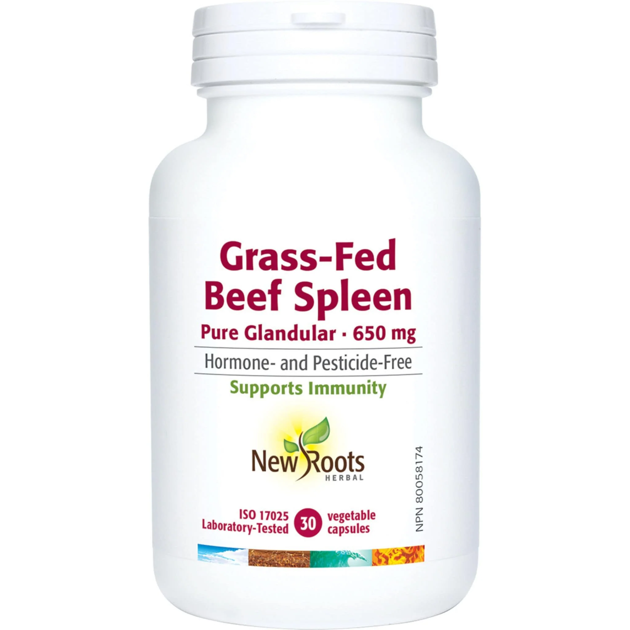 New Roots Grass Fed Beef Spleen 650mg, Raw Glandular, 30-90 Vegetable Capsules