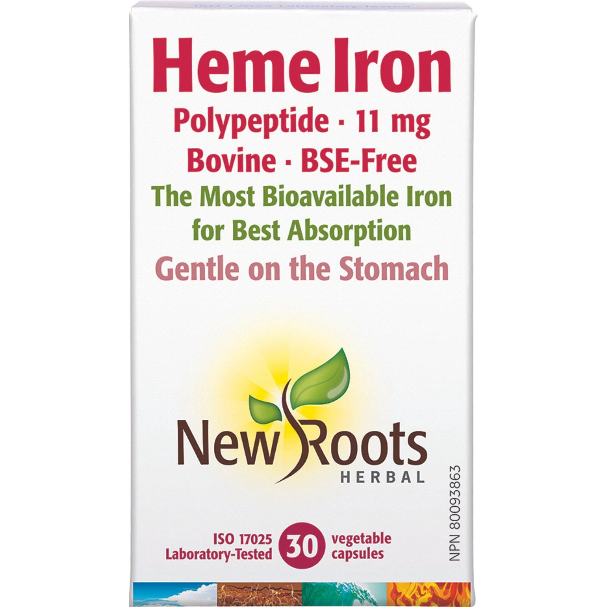 New Roots Heme Iron, Polypeptide 11mg, Bovine-Sourced, 30-60 Vegetable Capsules