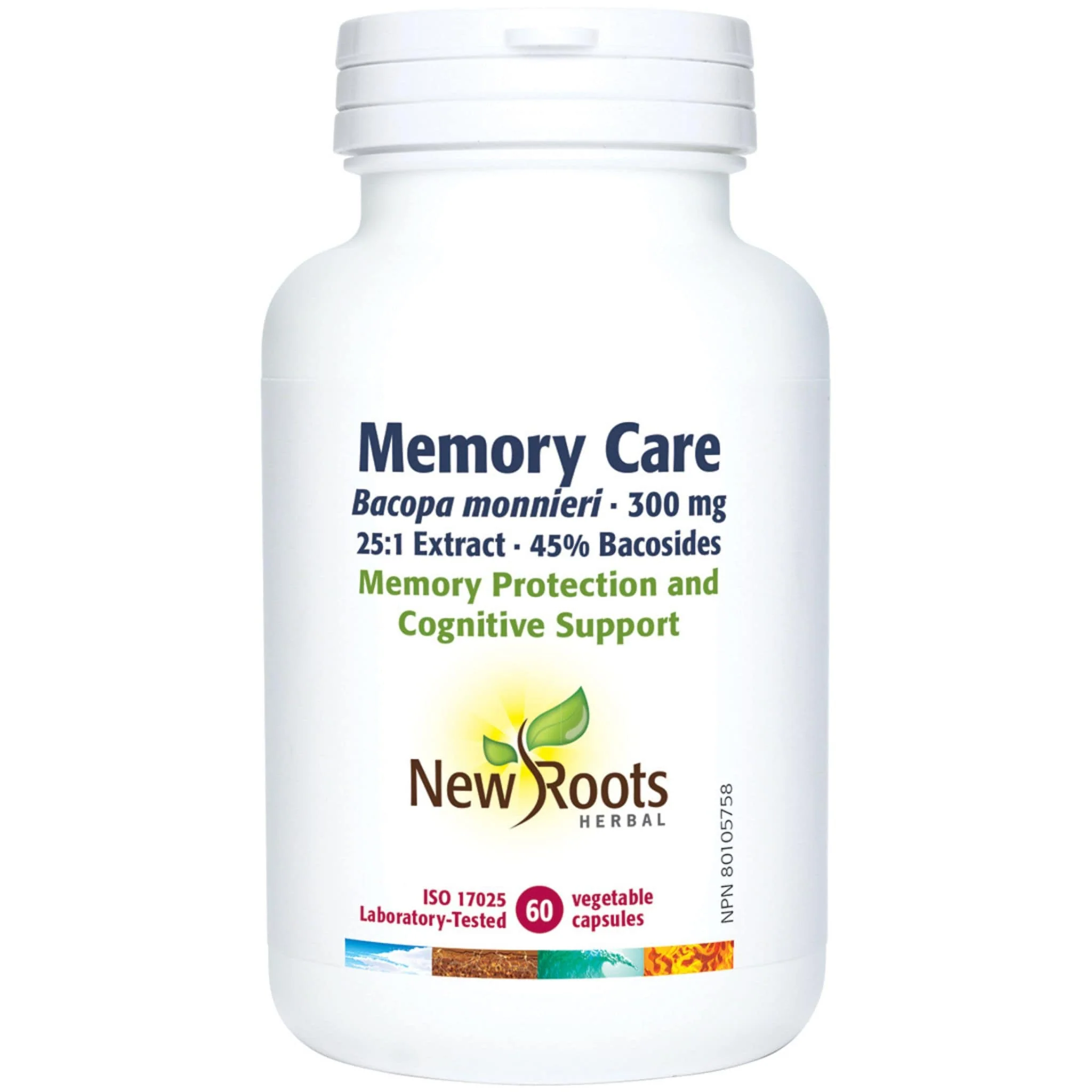 New Roots Memory Care, 25:1 Bacopa Extract 300mg 45% Bacoside, Memory Protection and Cognitive Support, 60 Vegetable Capsules