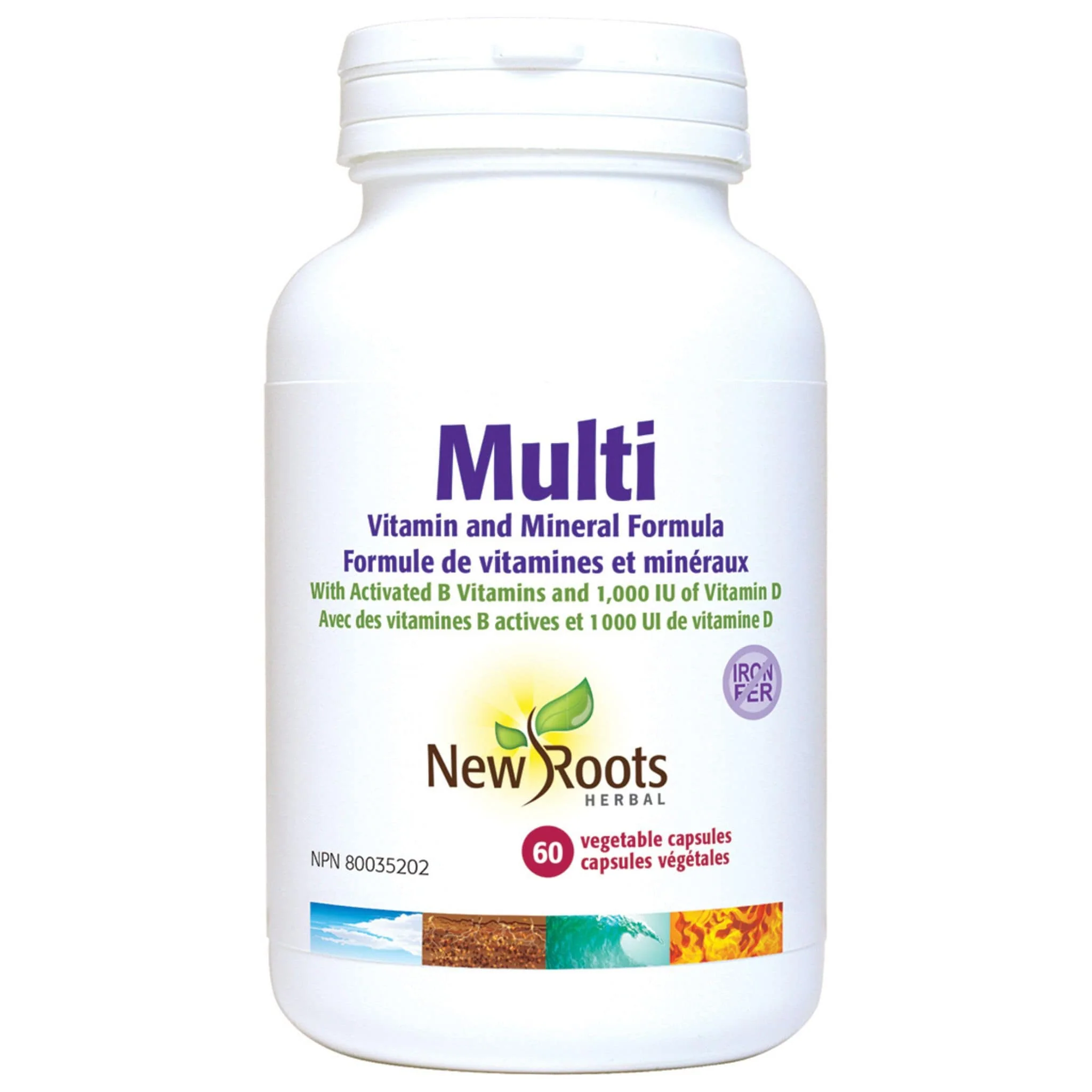 New Roots Multivitamin and Mineral, Iron-Free, with Activated B Vitamins and 1000IU of Vitamin D, Vegetable Capsules