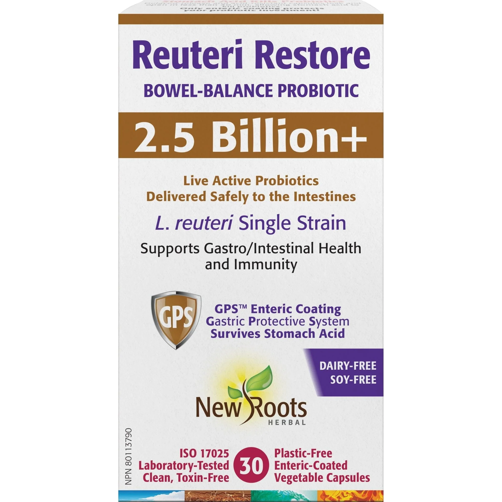 New Roots Reuteri Restore, Bowel Balance Probiotic with 2.5 Billion Live Active Probiotics Delivered Safely to the Intestines, 30 Enteric Coated Vegetable Capsules