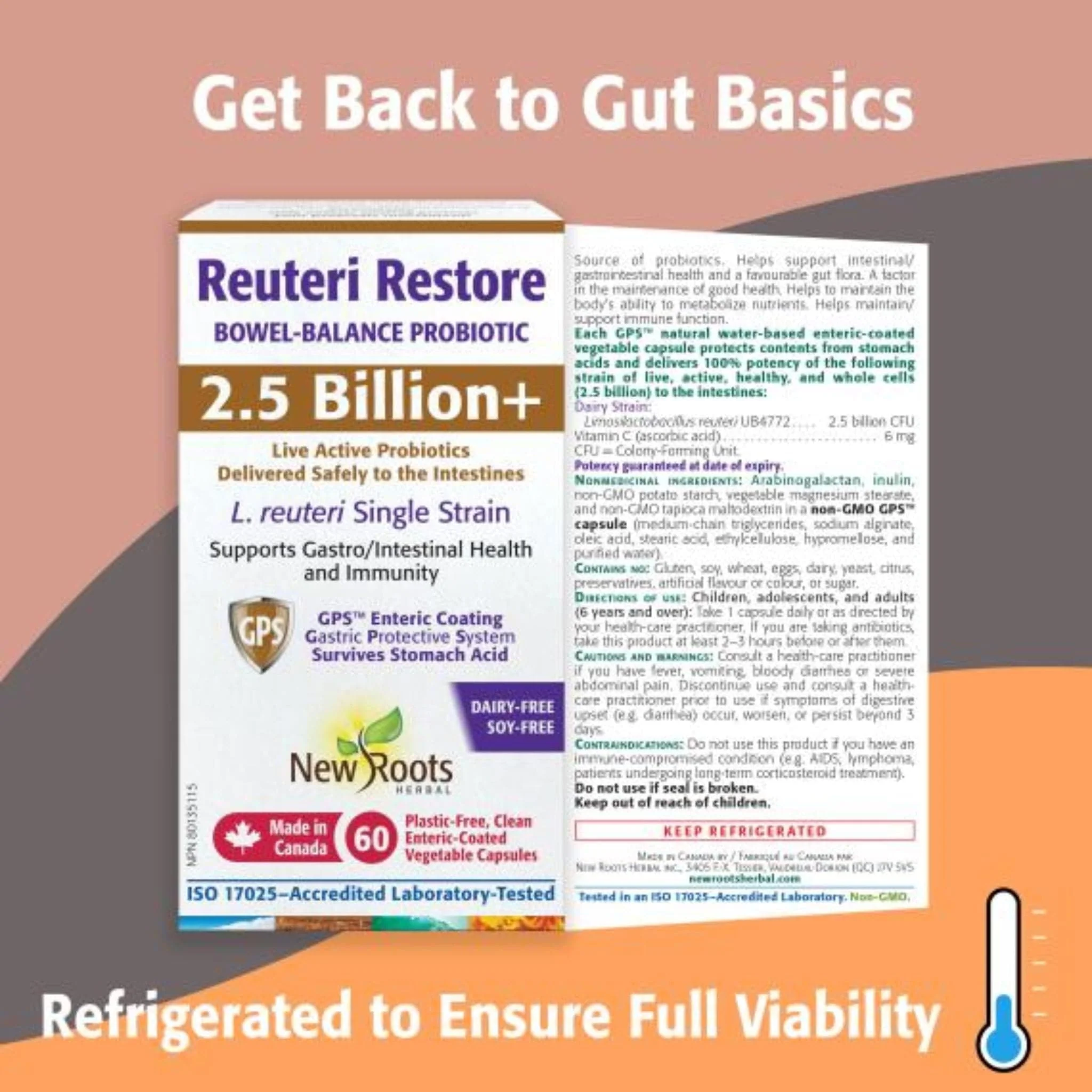 New Roots Reuteri Restore, Bowel Balance Probiotic with 2.5 Billion Live Active Probiotics Delivered Safely to the Intestines, 30 Enteric Coated Vegetable Capsules - Image 3