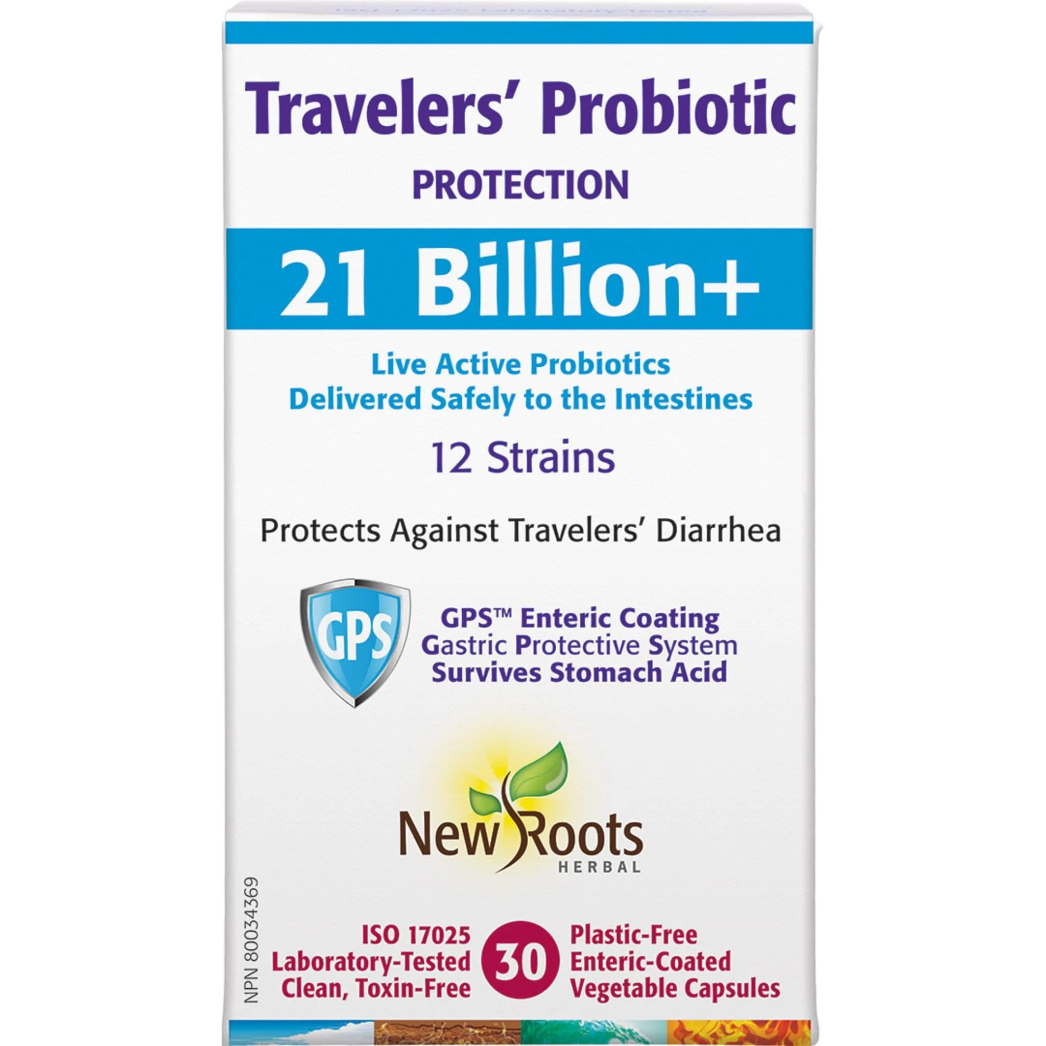 New Roots Travelers’ Probiotic 21 Billion Live Active Whole Cells, 30 Vegetable Capsules (Store in Fridge)