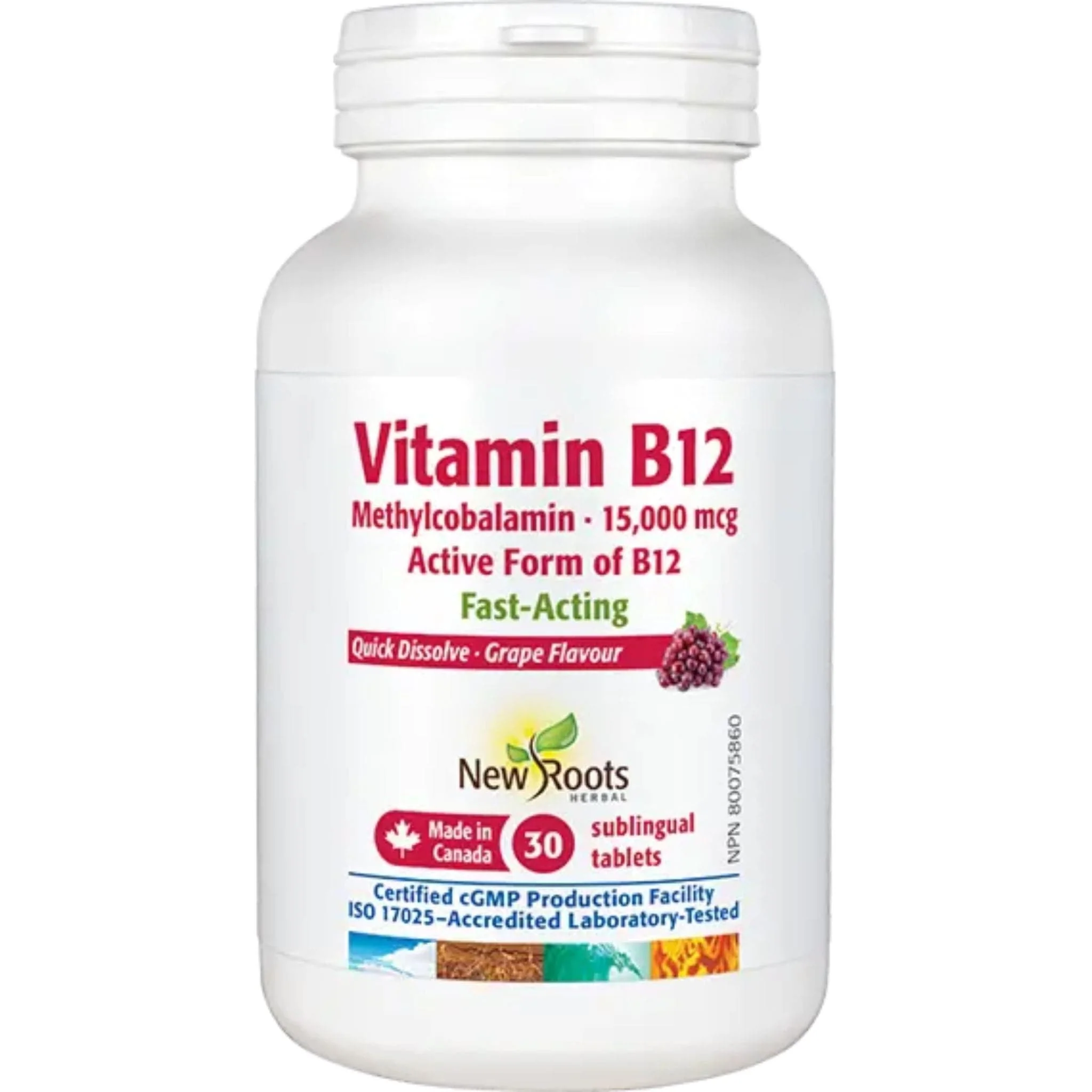 New Roots Vitamin B12, Methylcobalamin 15,000mcg Active Form of B12, 30 Sublingual Tablets