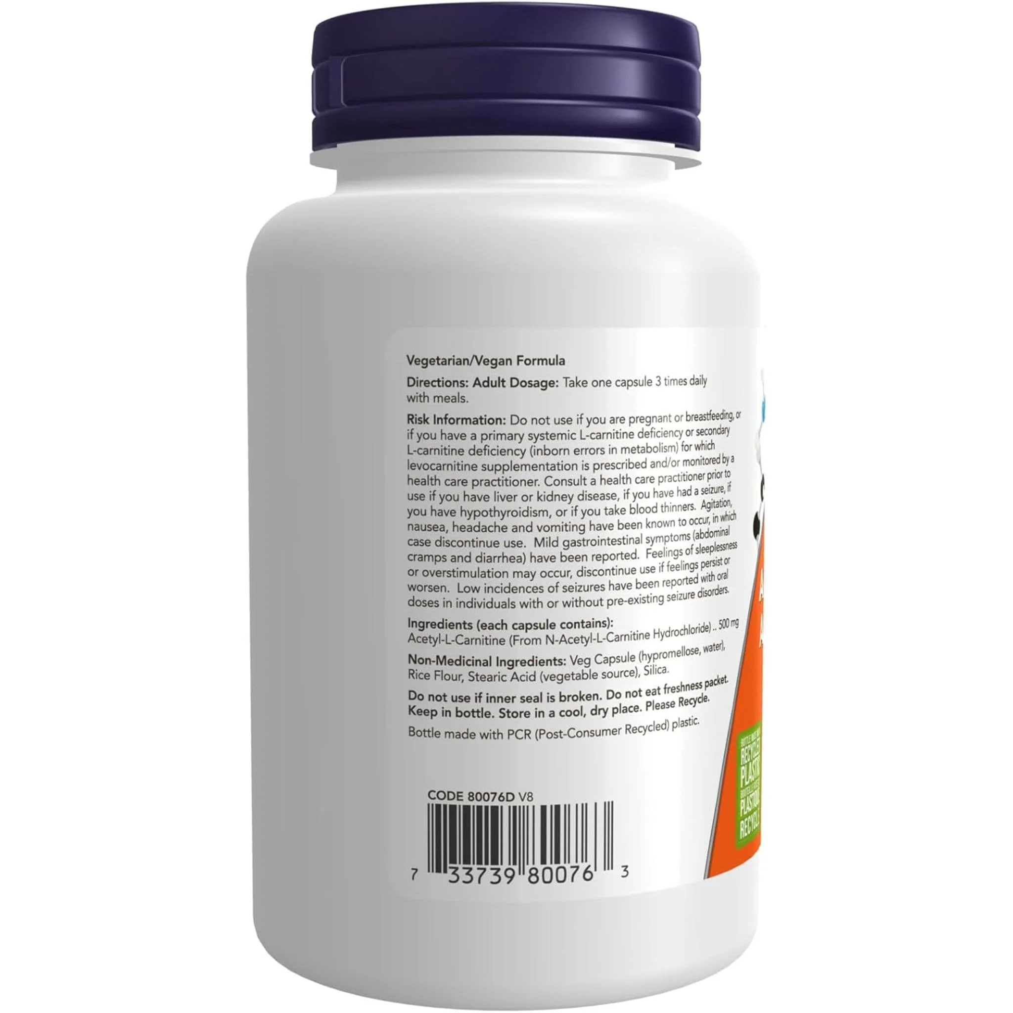 NOW Acetyl L-Carnitine, 500mg, 100 Vcaps - Image 3