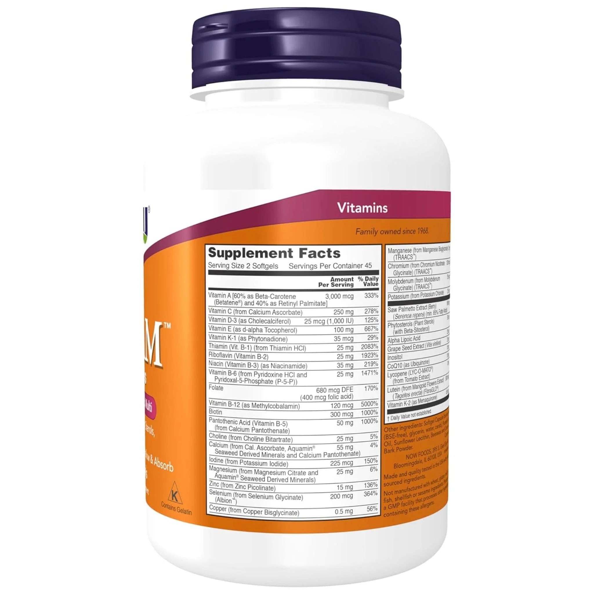 NOW ADAM Superior Men's Multi 2 a Day, Iron Free, 90 Softgels - Image 2