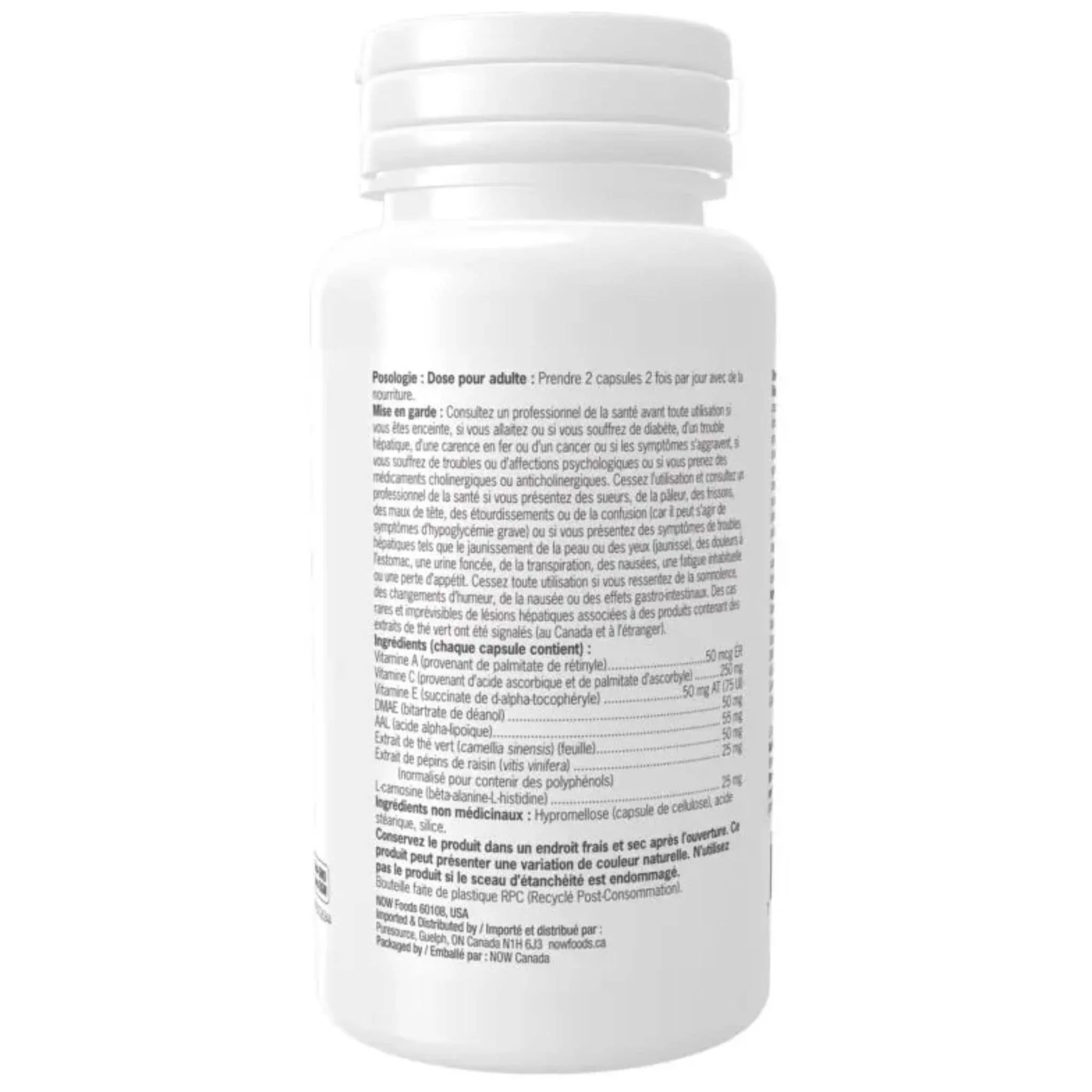 NOW Antioxidant Skin Protection with DMAE, Grape Seed, Vitamins A, C, E, 60 Vegetable Capsules - Image 3