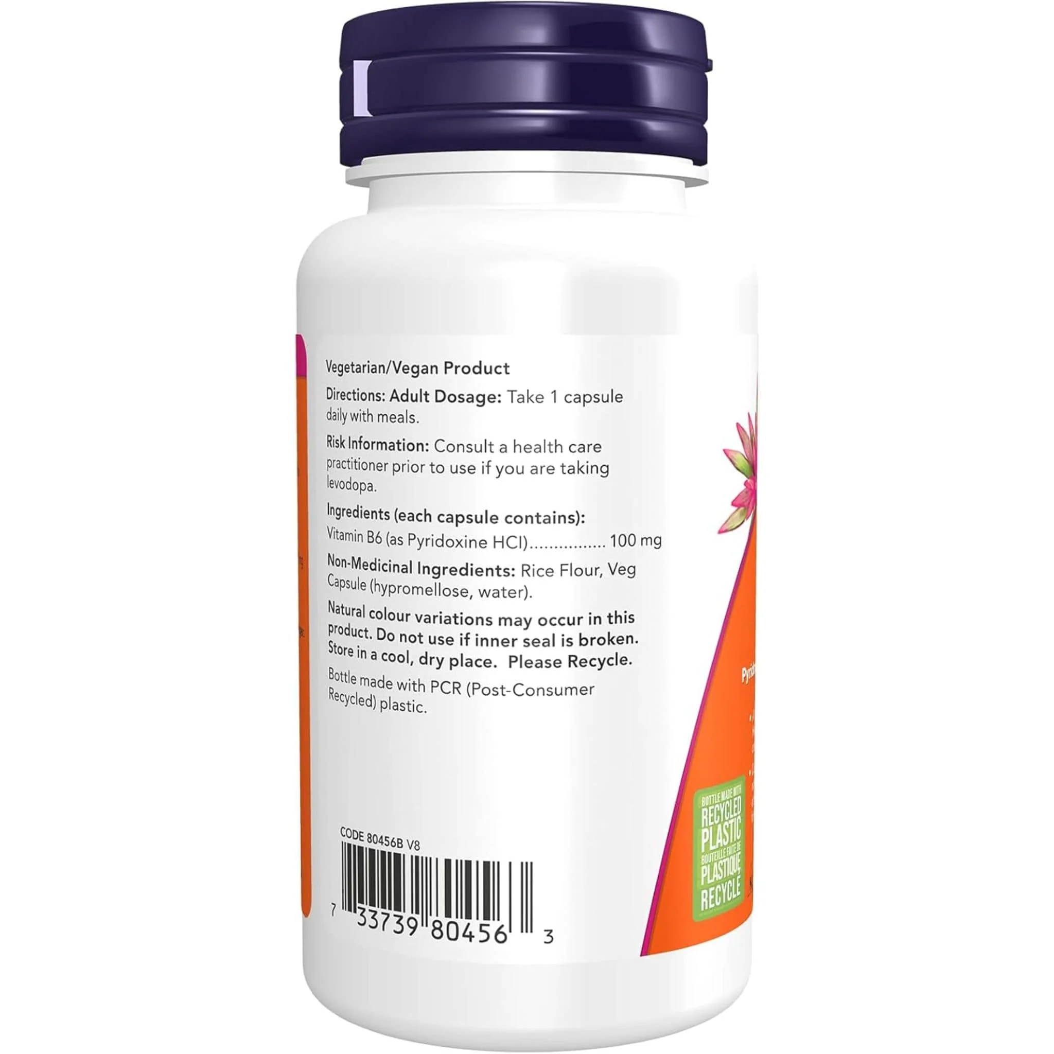 NOW B6 100mg Pyridoxine HCl, 100 Capsules - Image 2