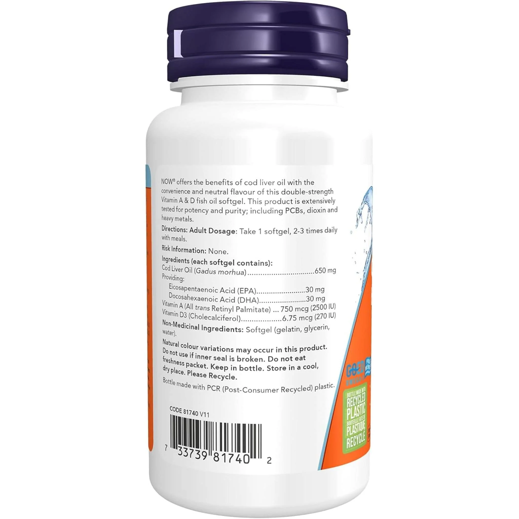 NOW Cod Liver Oil w/ Vitamin A & D, (Double Strength), 100 Softgels - Image 3