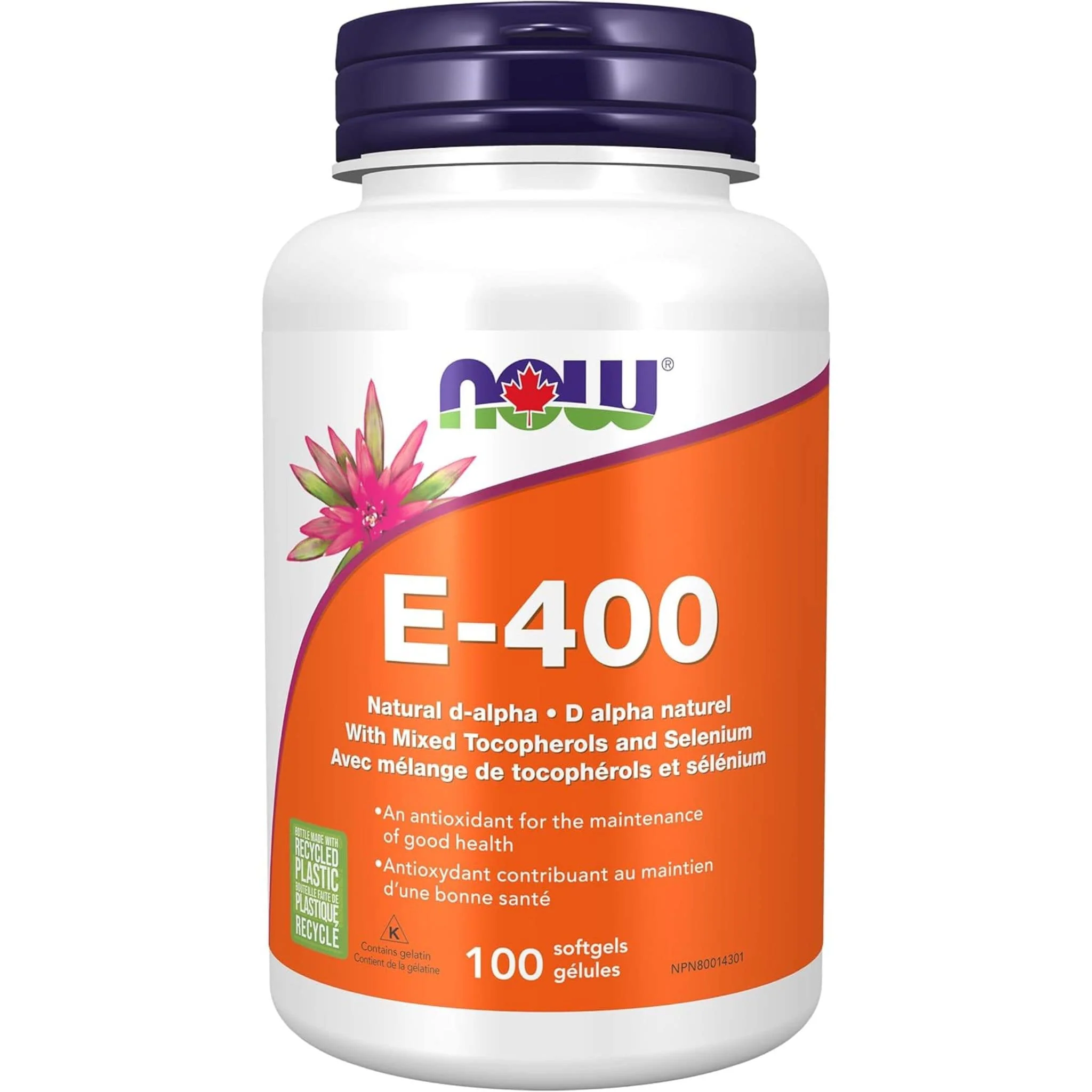 NOW E400 (400IU), d-alpha with +20% Mixed Tocopherols & Selenium (100mcg), 100 Softgels