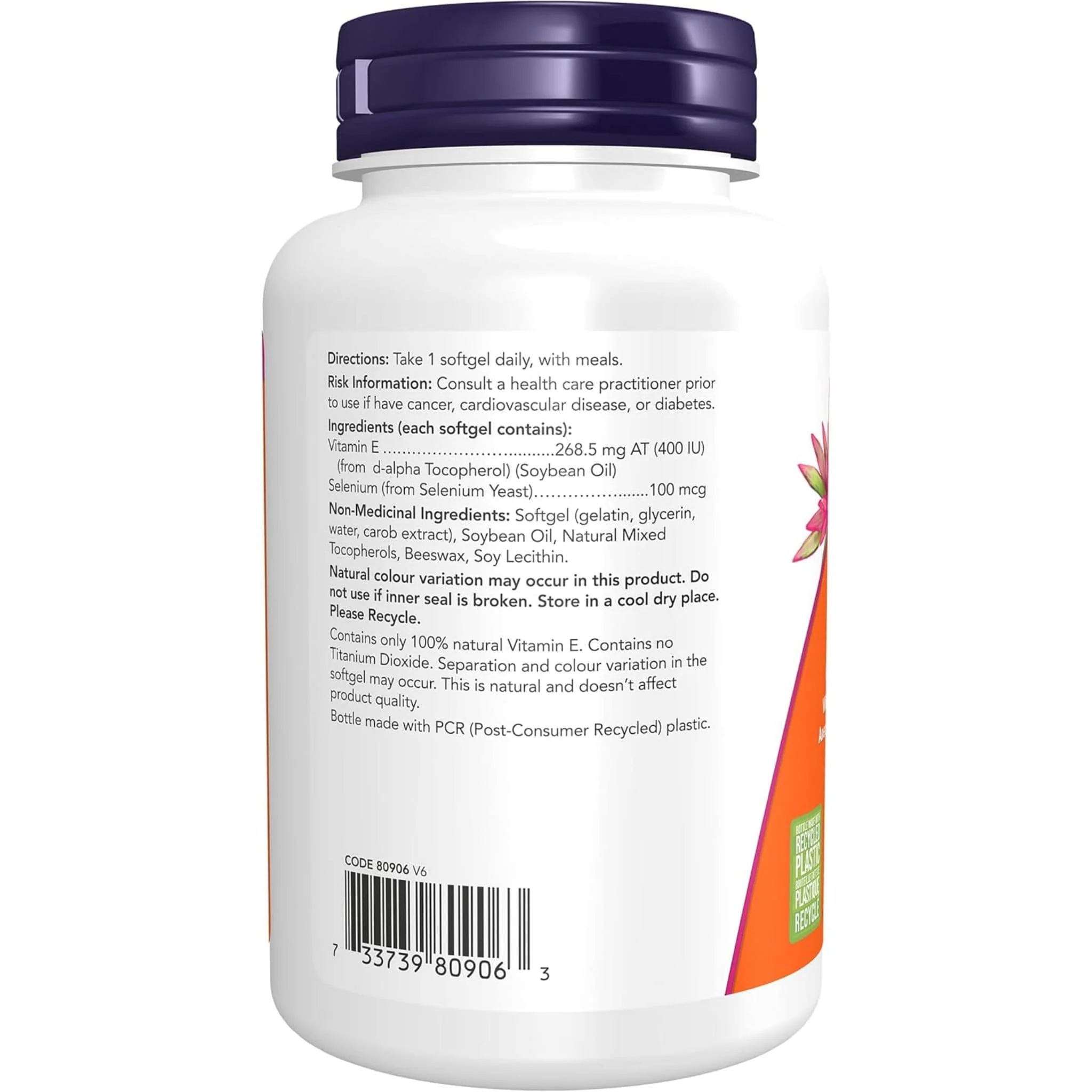 NOW E400 (400IU), d-alpha with +20% Mixed Tocopherols & Selenium (100mcg), 100 Softgels - Image 3