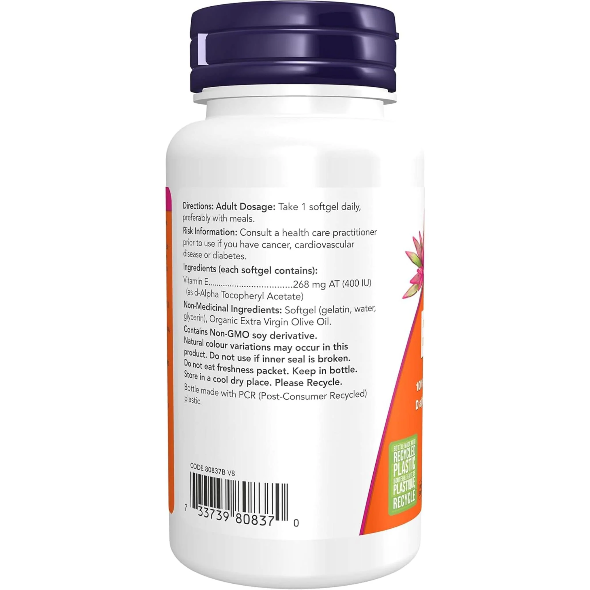 NOW E-400, 100% Natural d-Alpha Tocopherol, 400IU, 100 Softgels - Image 3