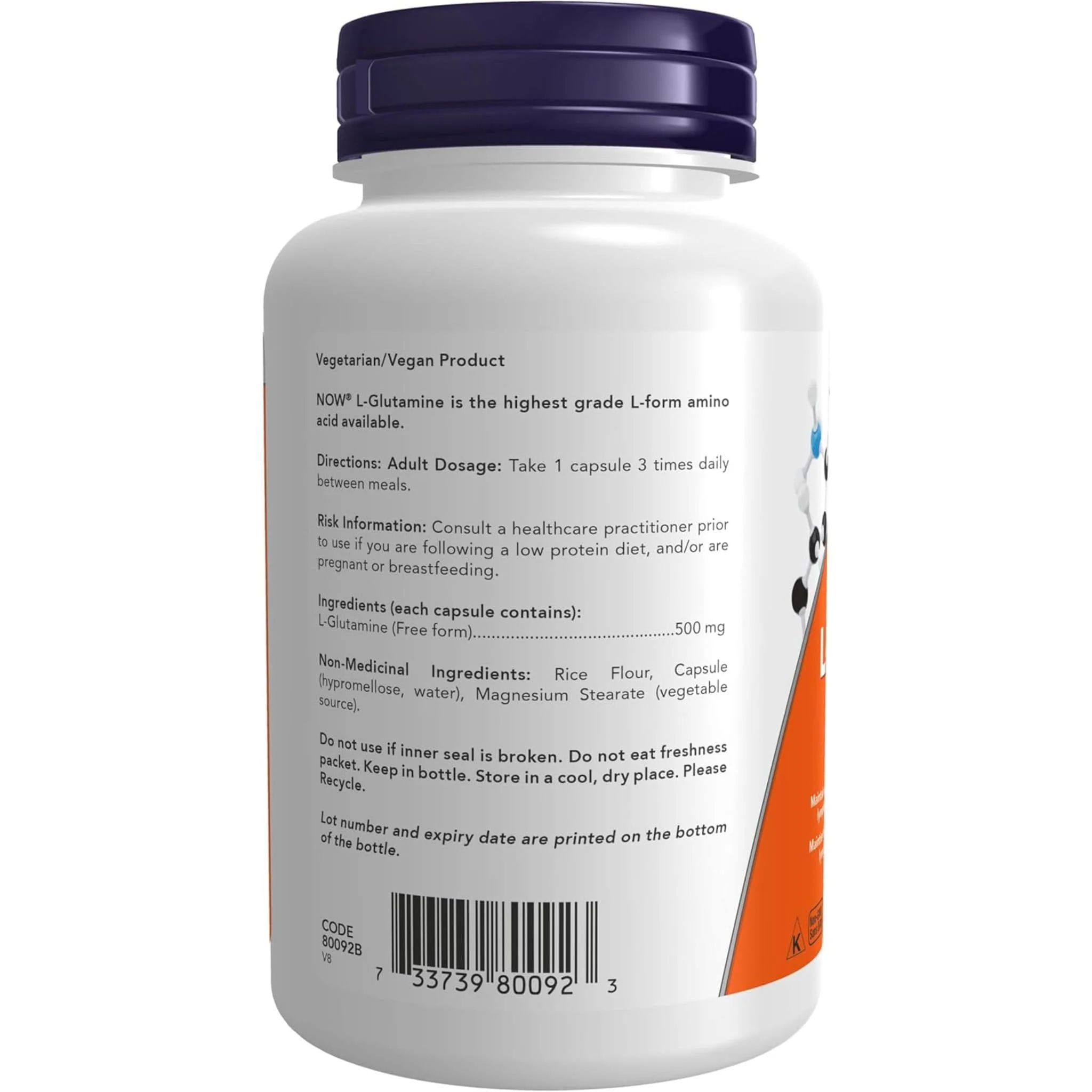 NOW L-Glutamine 500mg, Free Form, 120 Capsules - Image 3